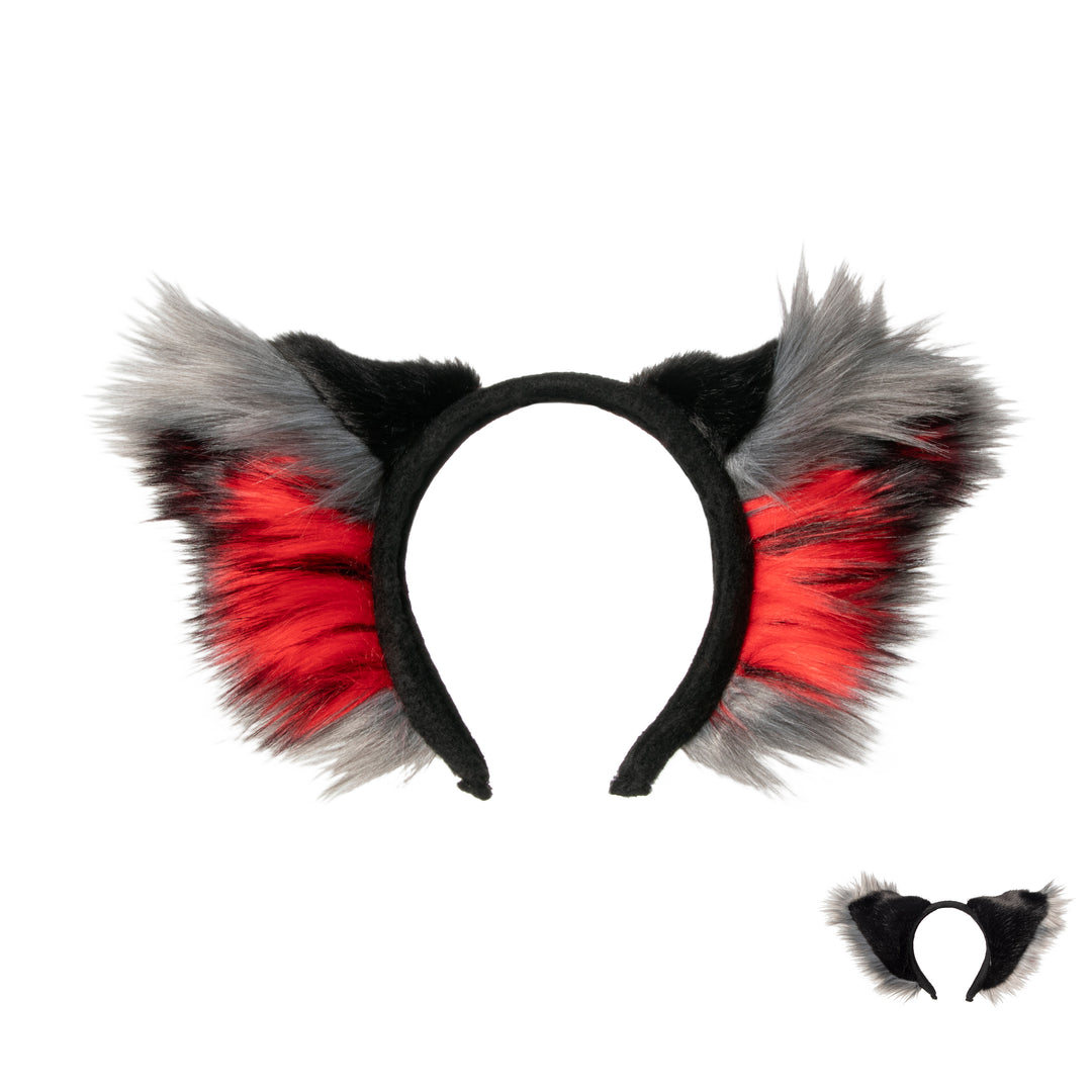 red and gray Pawstar furry deluxe fancy wolf ear headband. For halloween costume cosplay and furry.