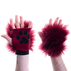 merlot burgundy red Pawlets faux fur partial fursuit hand paw gloves furry halloween costume anime cosplay