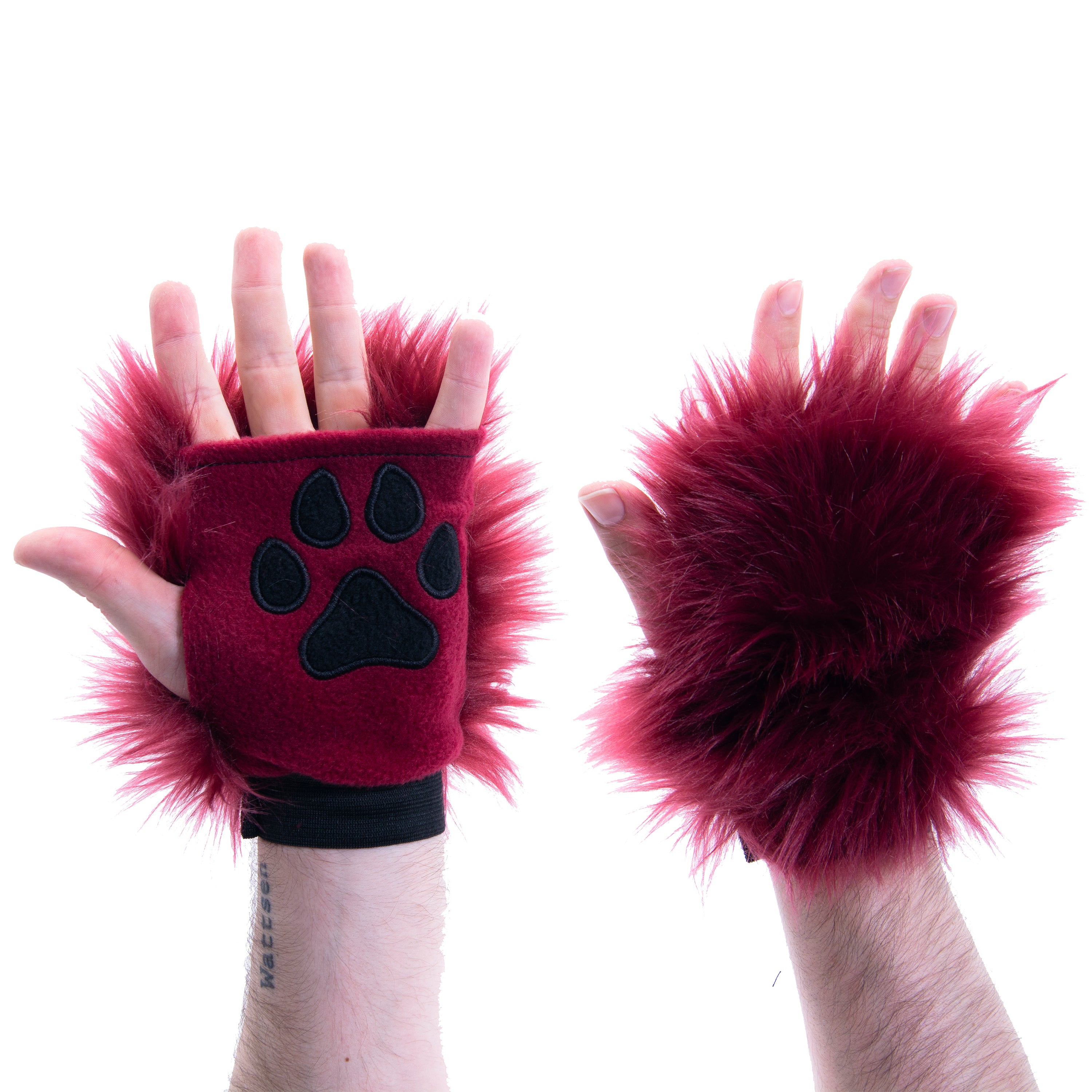 merlot burgundy red Pawlets faux fur partial fursuit hand paw gloves furry halloween costume anime cosplay