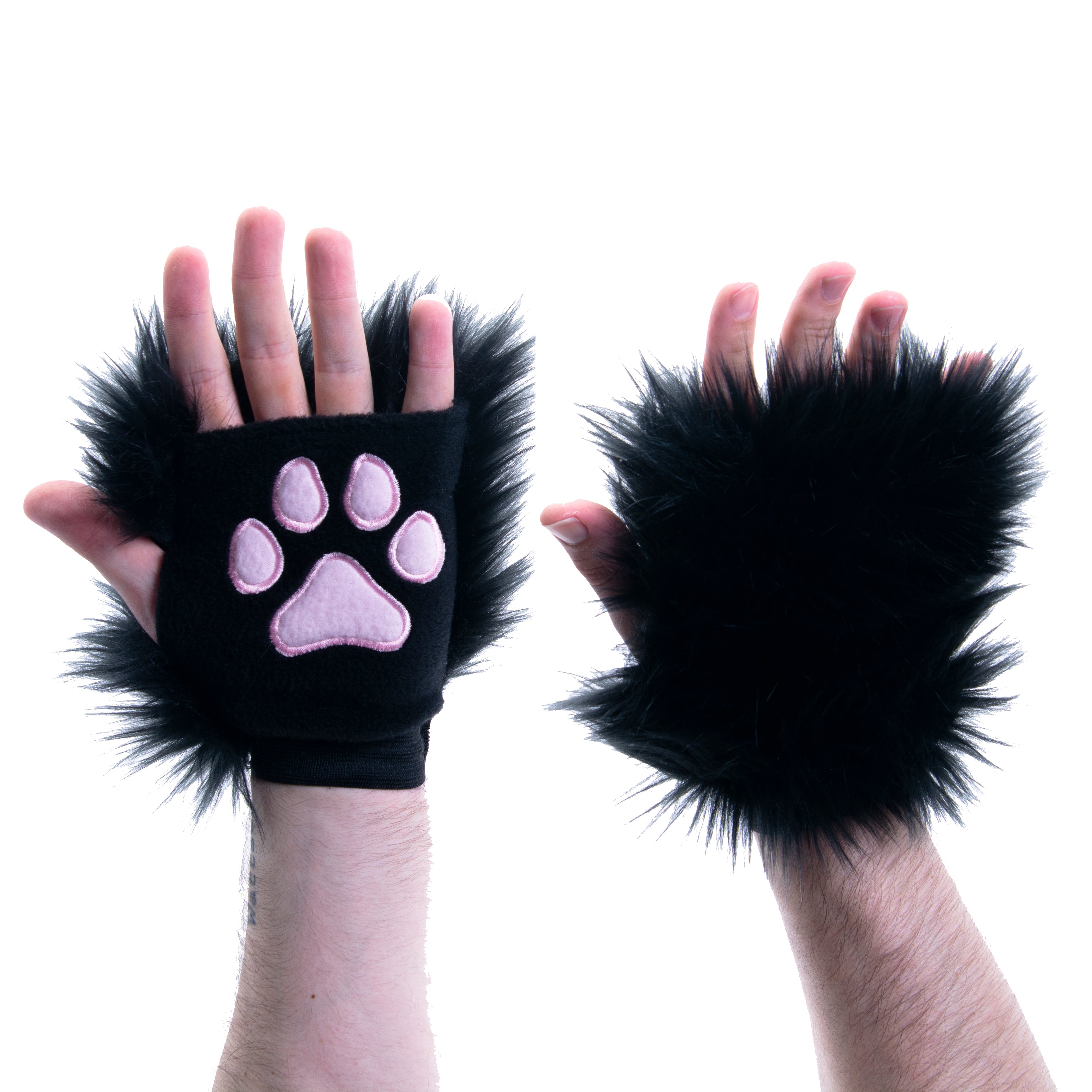 black with pink beans Pawlets faux fur partial fursuit hand paw gloves furry halloween costume anime cosplay