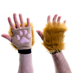 butterscotch brown light brown Pawlets faux fur partial fursuit hand paw gloves furry halloween costume anime cosplay