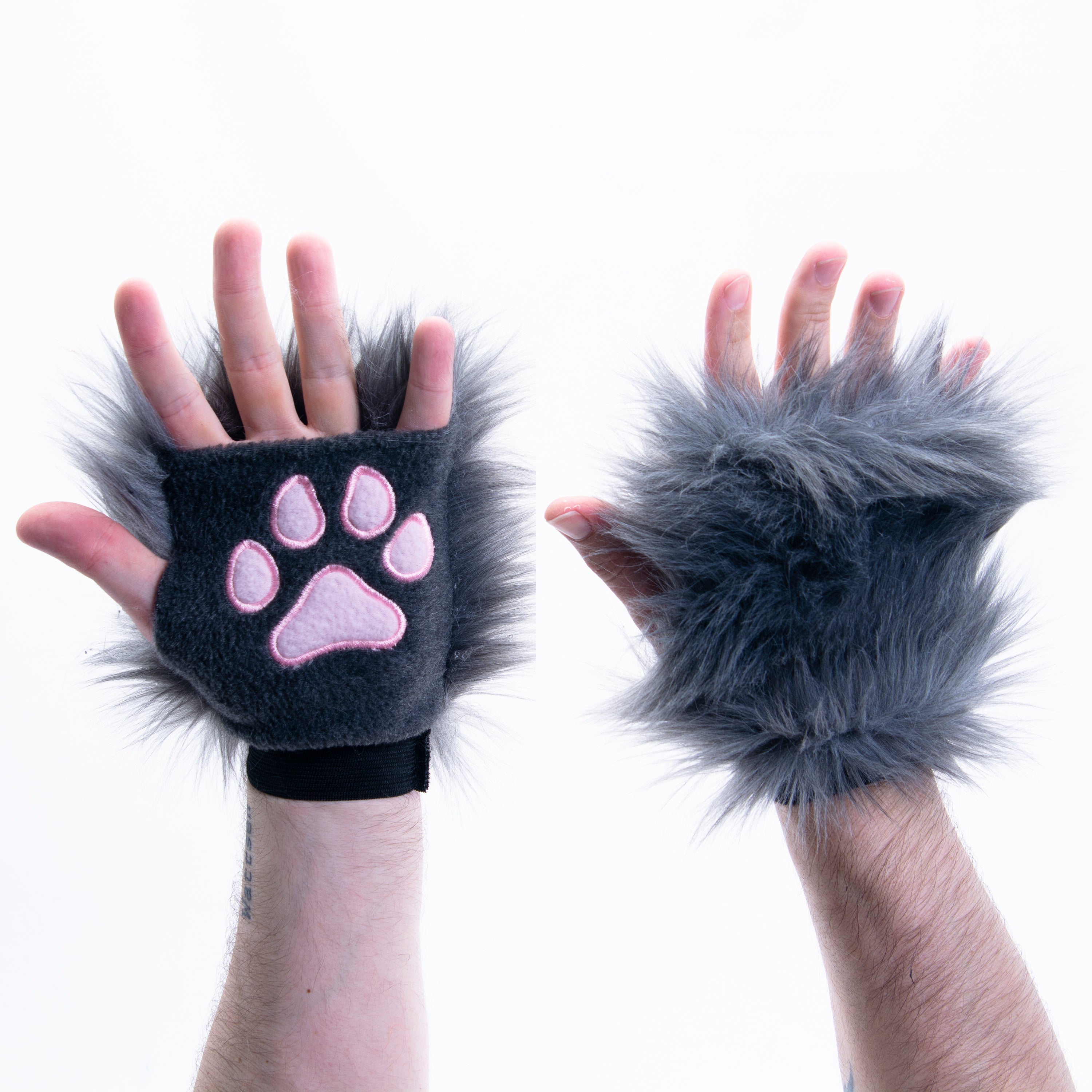 gray grey Pawlets faux fur partial fursuit hand paw gloves furry halloween costume anime cosplay