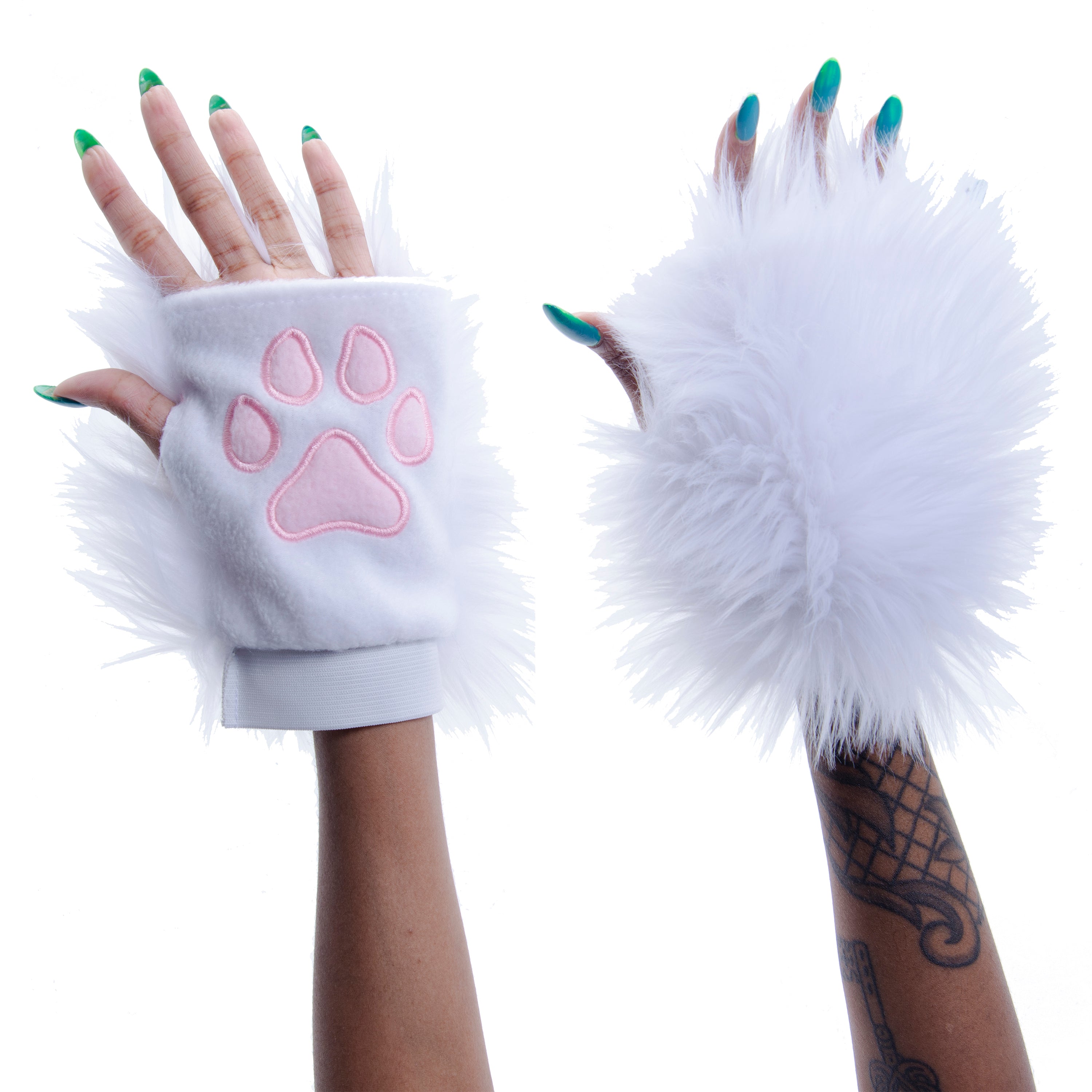 white with pink beans Pawlets faux fur partial fursuit hand paw gloves furry halloween costume anime cosplay