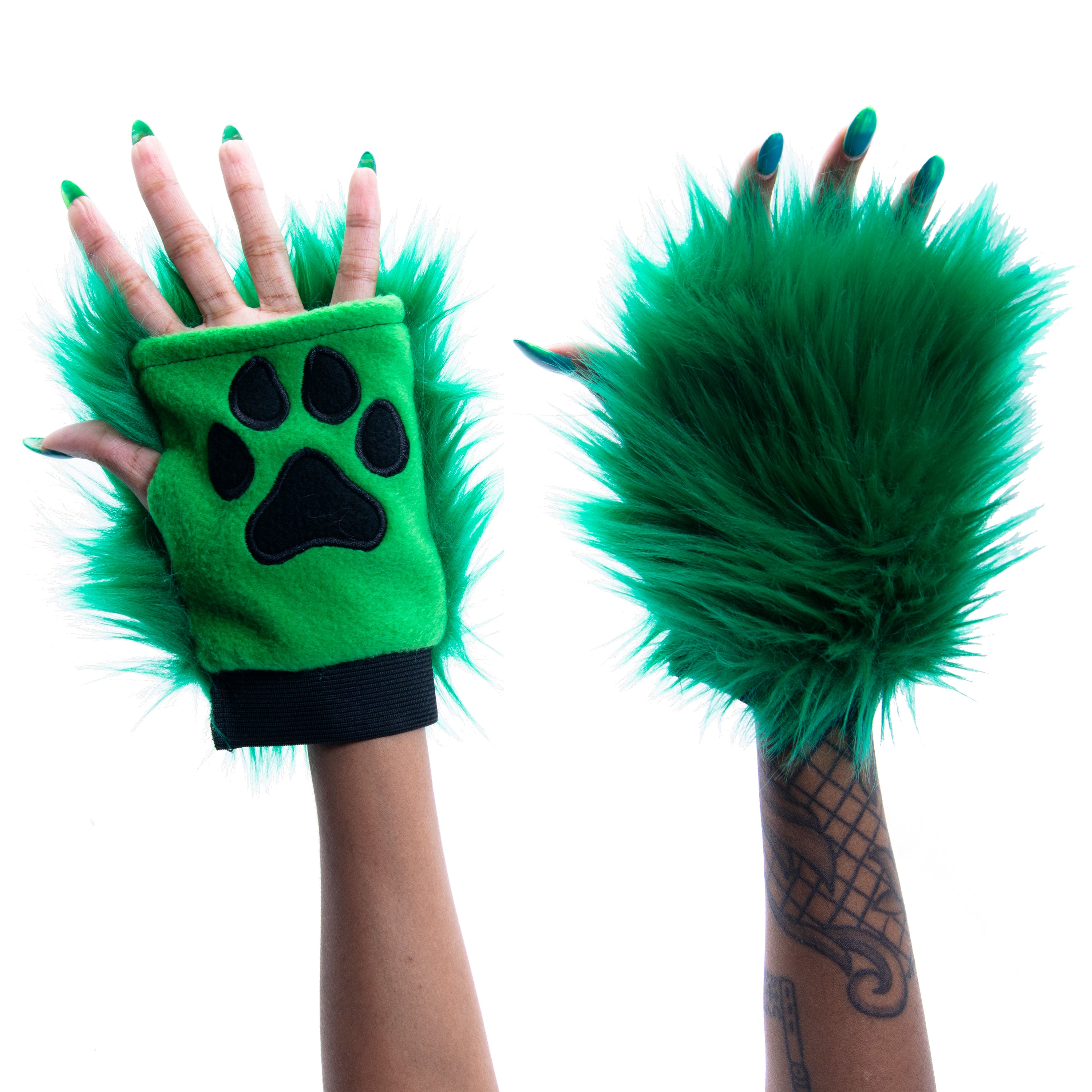 green dark green Pawlets faux fur partial fursuit hand paw gloves furry halloween costume anime cosplay
