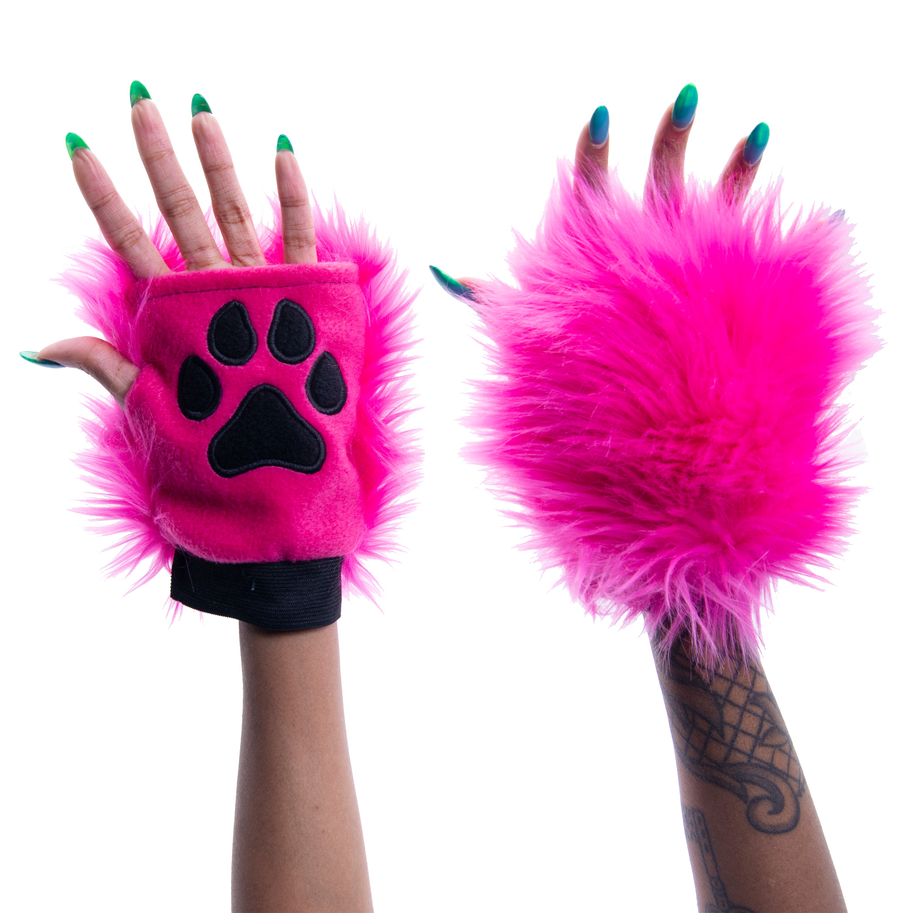 pink hot pink Pawlets faux fur partial fursuit hand paw gloves furry halloween costume anime cosplay