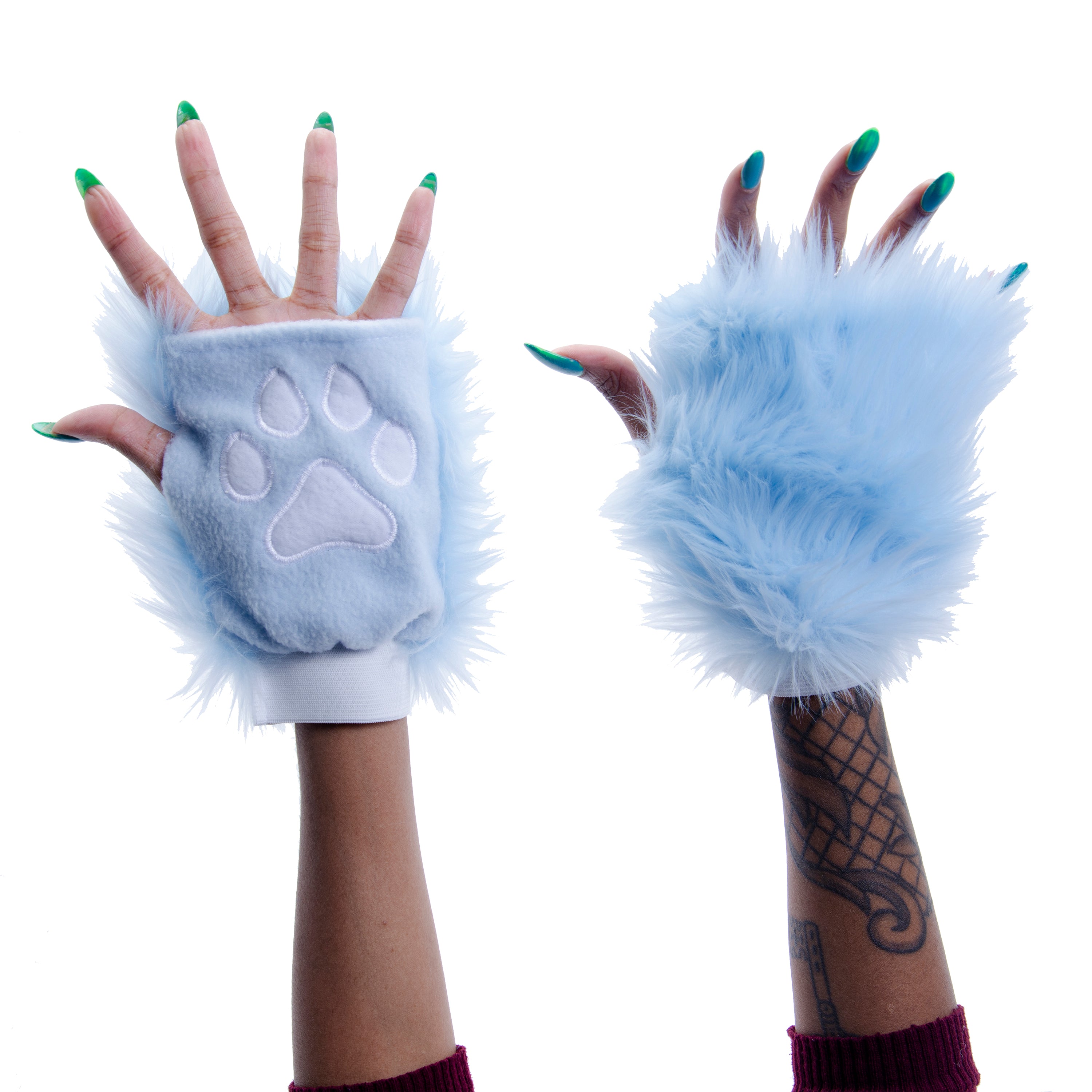 light blue baby blue Pawlets faux fur partial fursuit hand paw gloves furry halloween costume anime cosplay