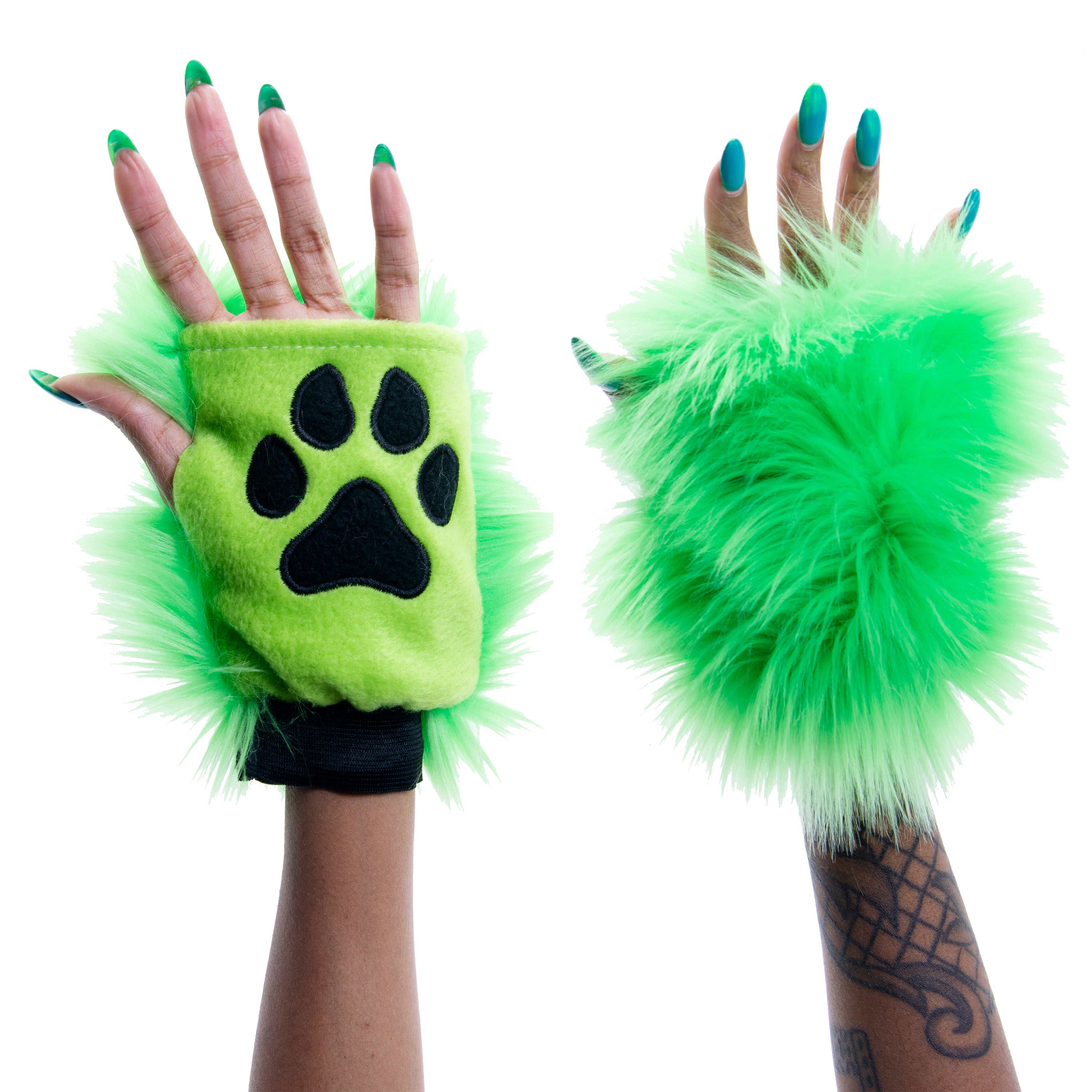 lime green Pawlets faux fur partial fursuit hand paw gloves furry halloween costume anime cosplay