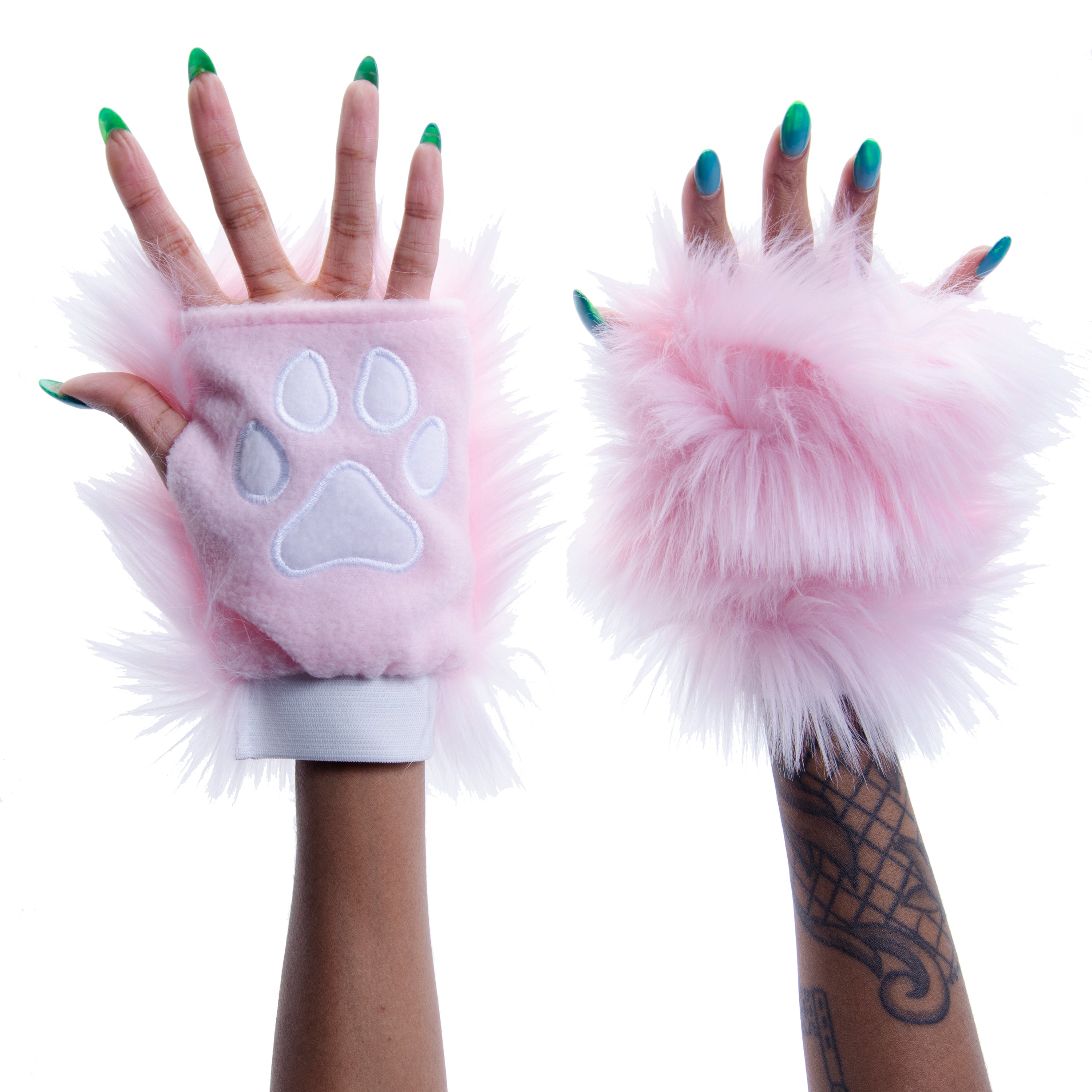 light pink Pawlets faux fur partial fursuit hand paw gloves furry halloween costume anime cosplay