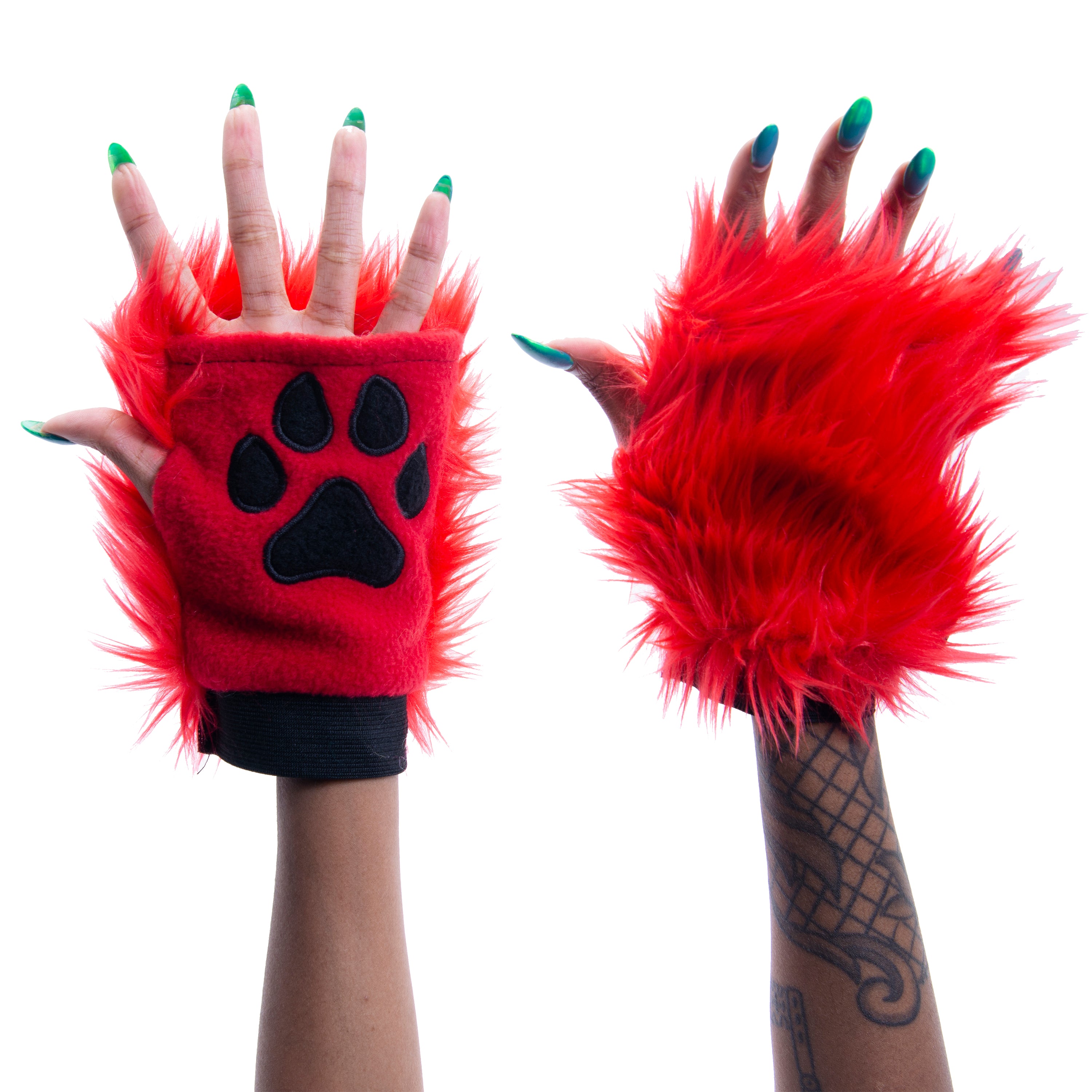 red Pawlets faux fur partial fursuit hand paw gloves furry halloween costume anime cosplay