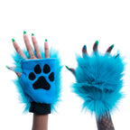 teal turquoise Pawlets faux fur partial fursuit hand paw gloves furry halloween costume anime cosplay