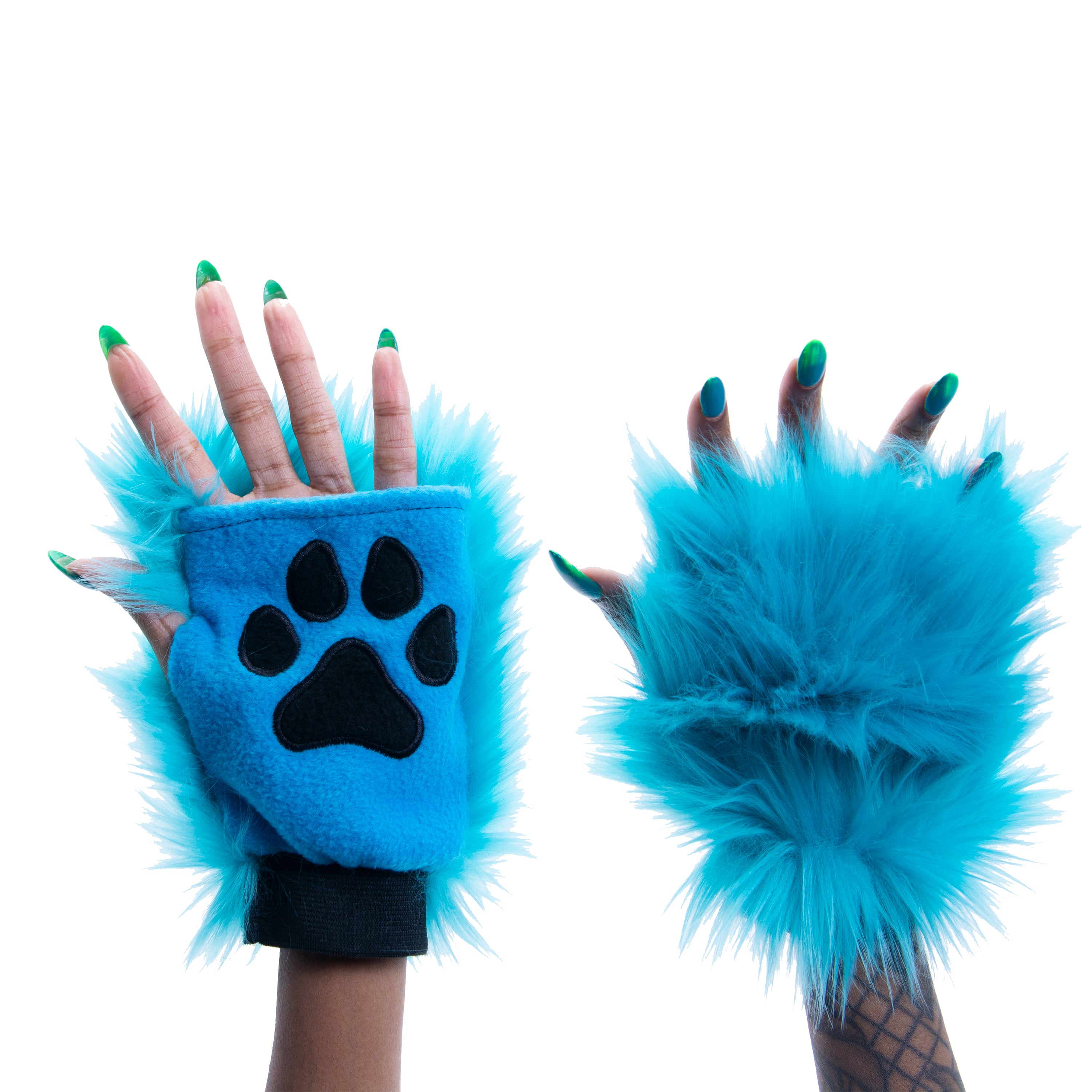 teal turquoise Pawlets faux fur partial fursuit hand paw gloves furry halloween costume anime cosplay