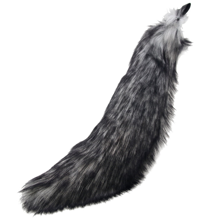 gray pawstar faux fur wild wolf mini tail for furries and cosplay.