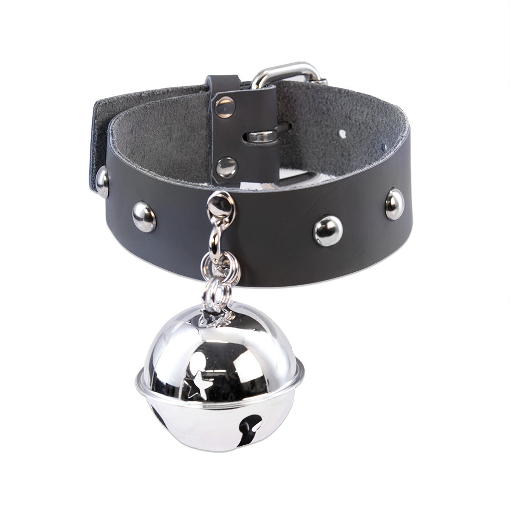 gray Pawstar BIG Kitty Bell Collar. Made from real leather in the usa. Great for fursuits, cosplay, fashion and more.