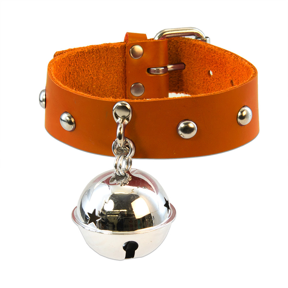 orange Pawstar BIG Kitty Bell Collar. Made from real leather in the usa. Great for fursuits, cosplay, fashion and more.
