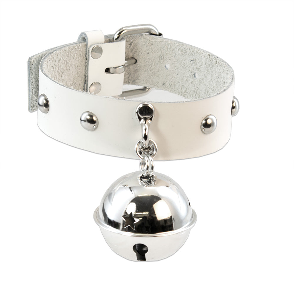 white Pawstar BIG Kitty Bell Collar. Made from real leather in the usa. Great for fursuits, cosplay, fashion and more.