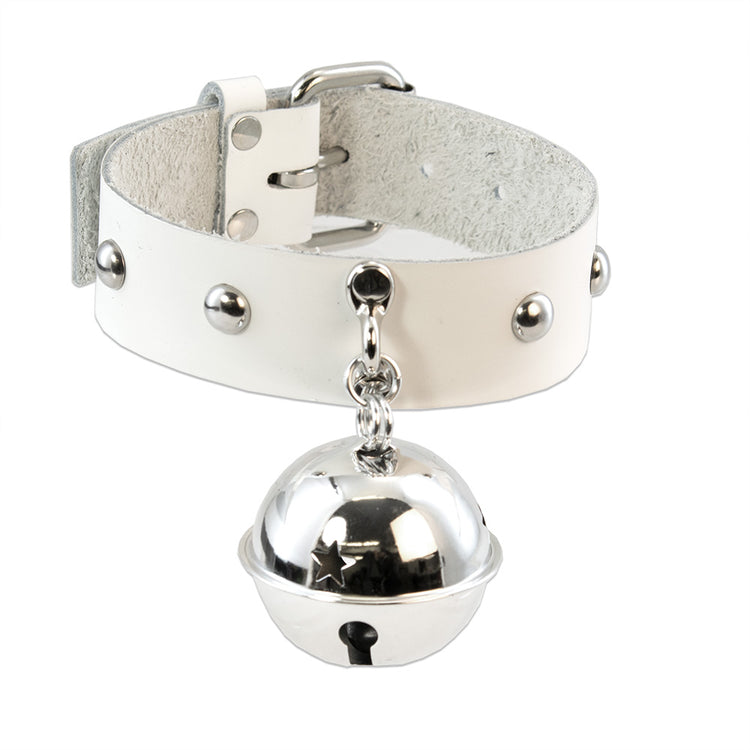 white Pawstar BIG Kitty Bell Collar. Made from real leather in the usa. Great for fursuits, cosplay, fashion and more.