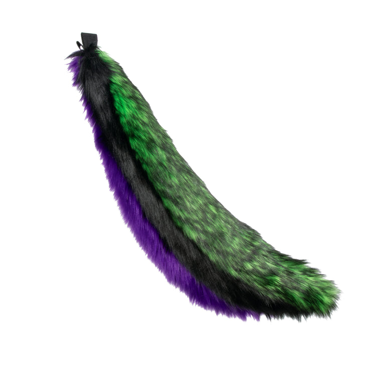 lime and purple Pawstar large fluffy faux fur wild wolf tail. Great for halloween costume and furry cosplay.