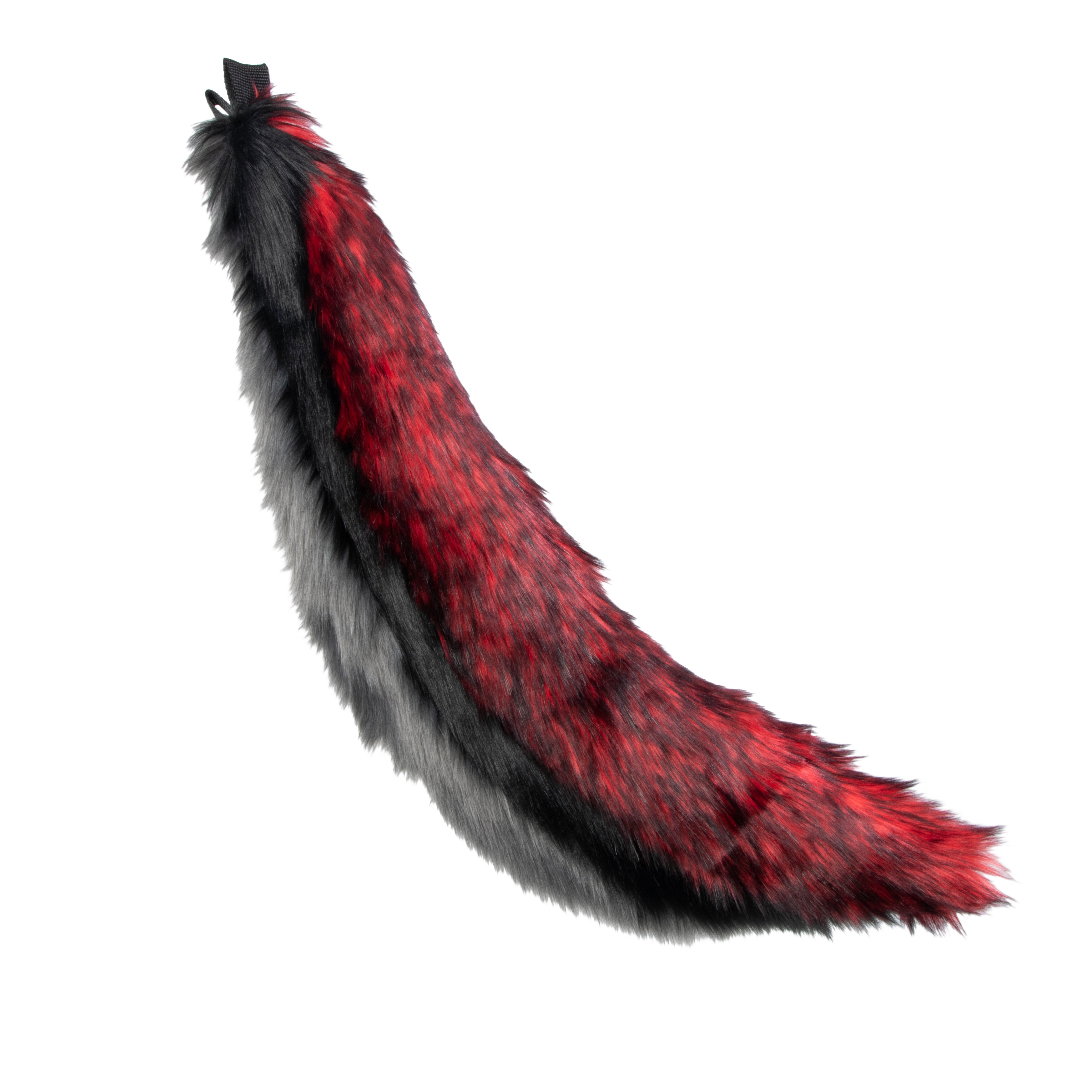 gray and red Pawstar large fluffy faux fur wild wolf tail. Great for halloween costume and furry cosplay.