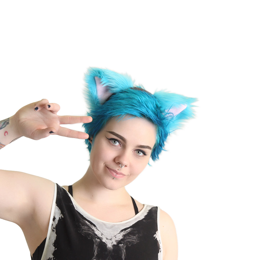 Turquoise/Gray Pawstar Cheshire Fluffy Mew Ear Headband - cat  fox ear headband for costumes, cosplay, fursuit, fashion, therian alice in wonderland accessory classic pink and purple model