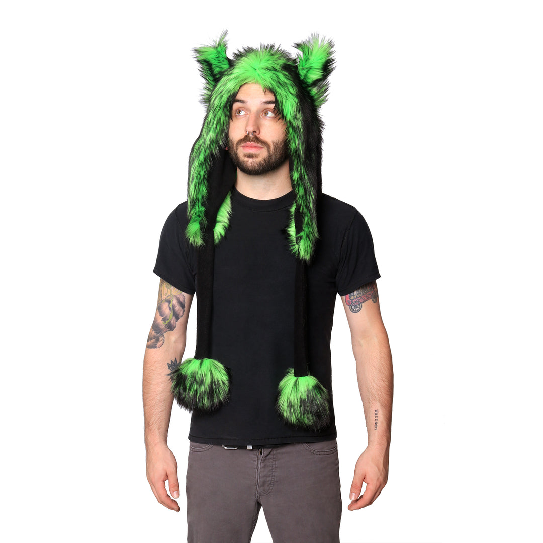 lime green Wild Wolf Fur Puffet Hood. Furry cosplay festival hat made from faux fur. Made in the usa