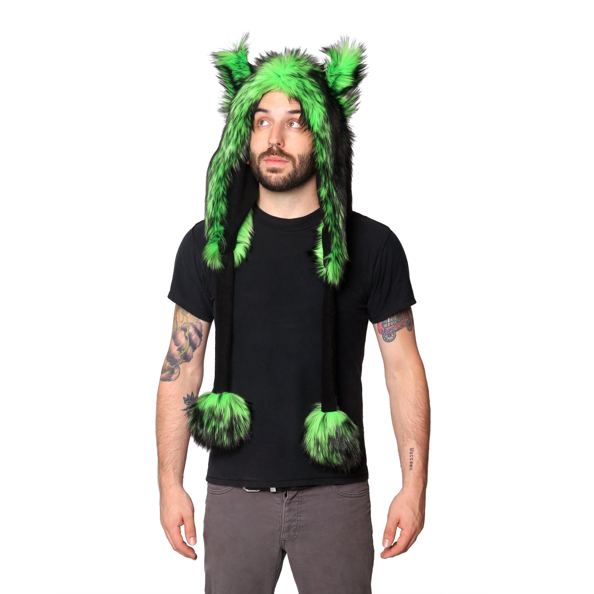 green Wild Wolf Fur Puffet Hood - Pawstar Pawstar Hoods canine, cosplay, costume, furry, hat,  wolf