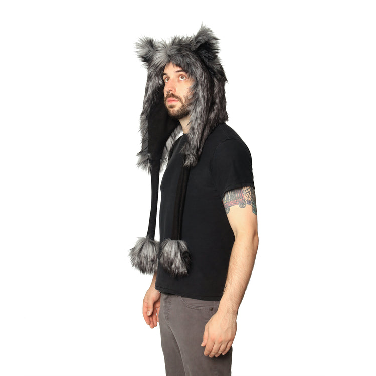 gray Wild Wolf Fur Puffet Hood. Furry cosplay festival hat made from faux fur. Made in the usa