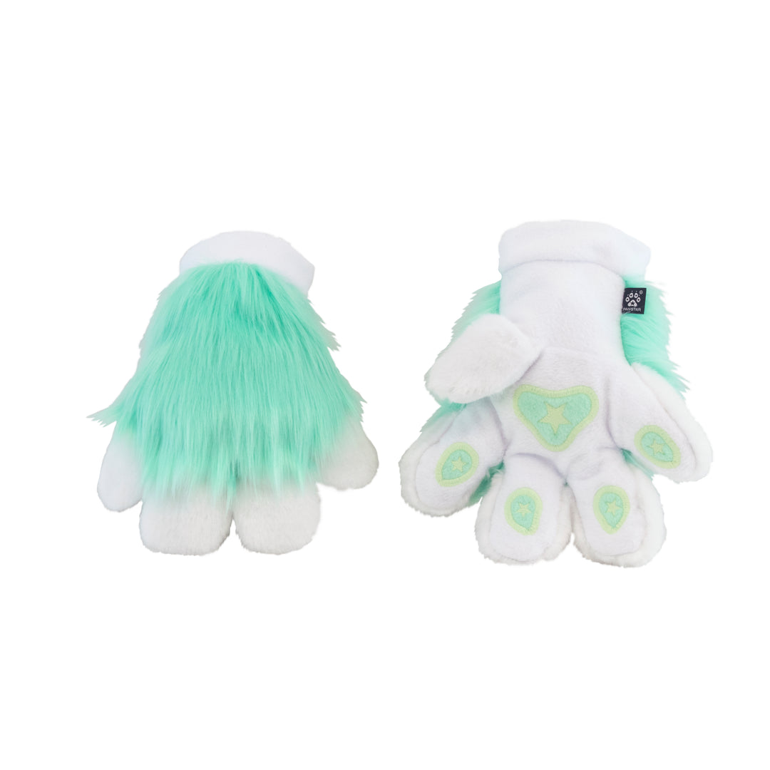 Mint pastel Pawstar furry fluffy fursuit partial hand paw gloves. Made from faux fur. Perfect for furries, cosplayers, and hallowee.