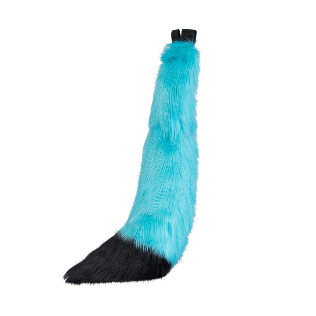 turquoise teal and black Pawstar furry fox tail made from vegan friendly faux fur. Great for halloween, cosplay and partial fursuits.