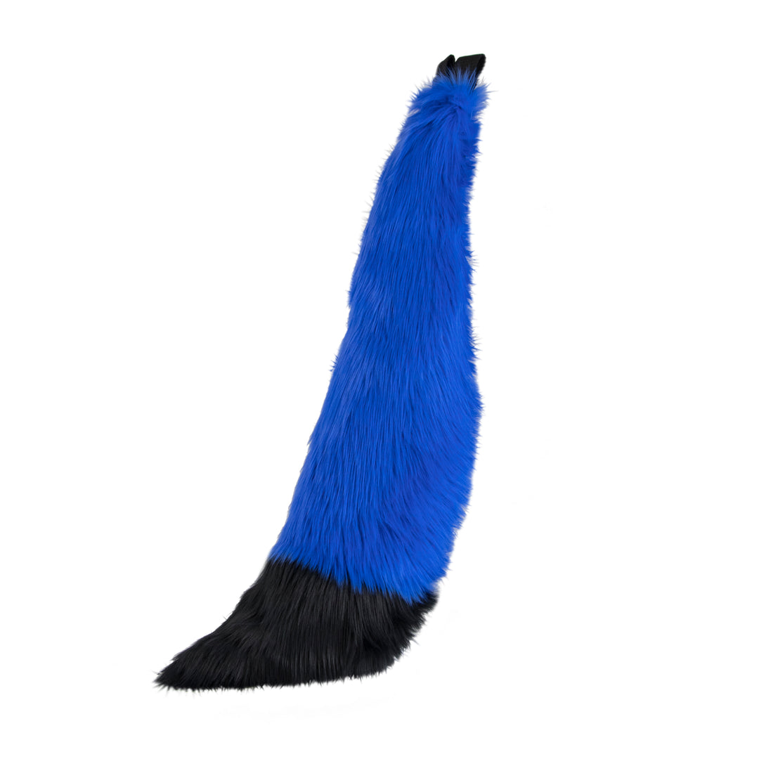 blue and black Pawstar furry fox tail made from vegan friendly faux fur. Great for halloween, cosplay and partial fursuits.
