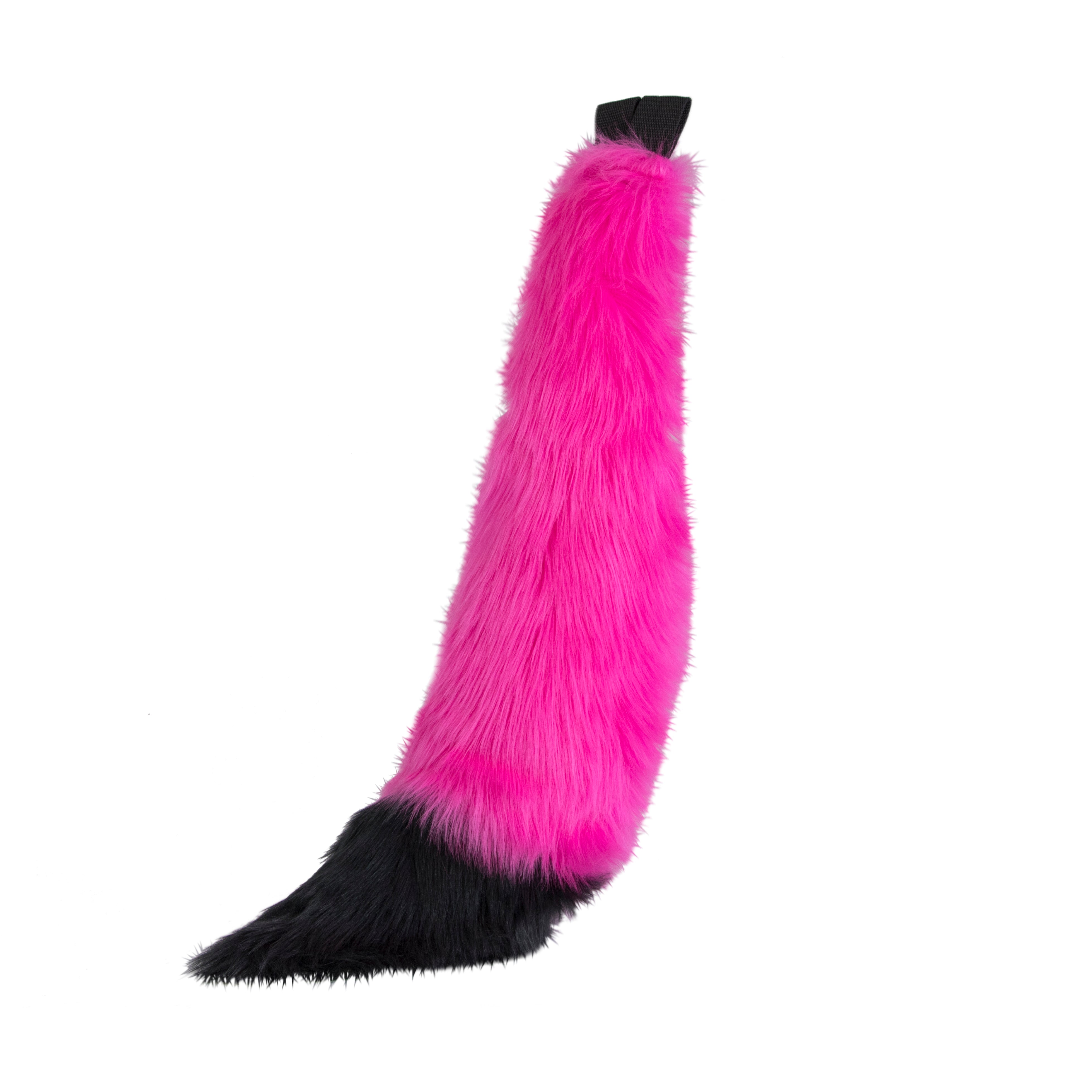 hot pink and black Pawstar furry fox tail made from vegan friendly faux fur. Great for halloween, cosplay and partial fursuits.