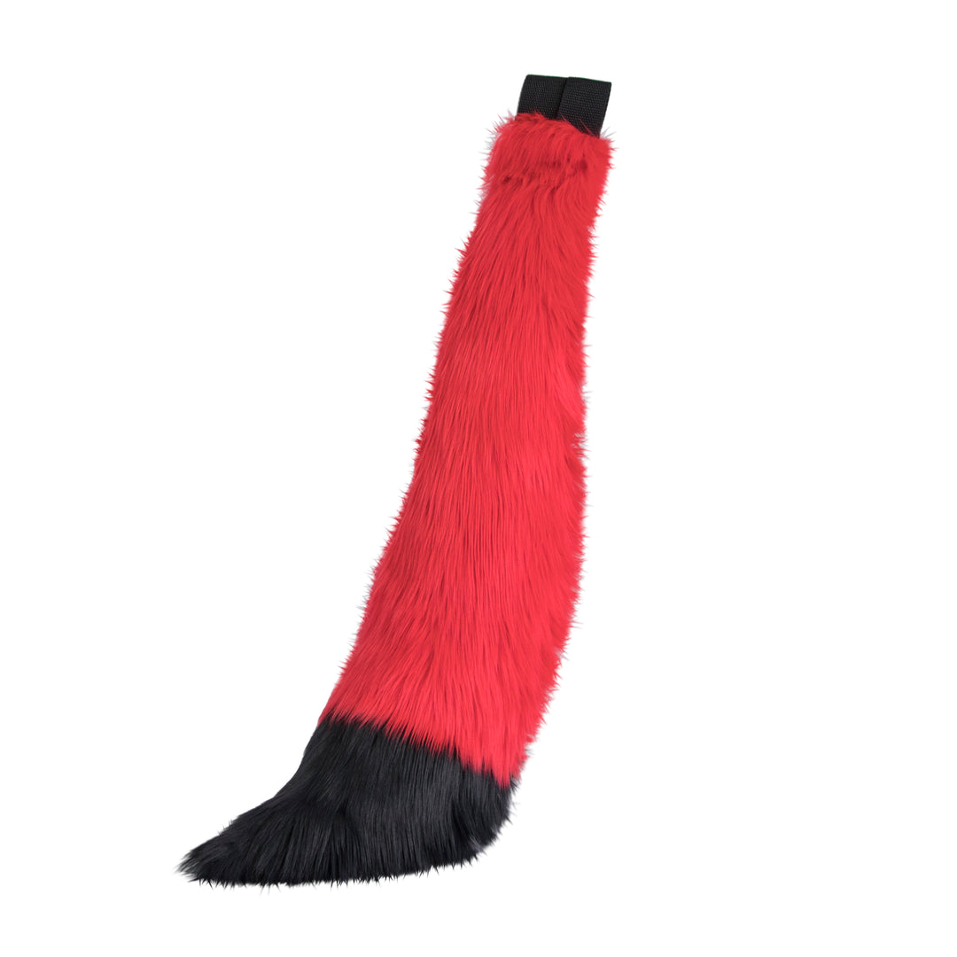 red and black Pawstar furry fox tail made from vegan friendly faux fur. Great for halloween, cosplay and partial fursuits.