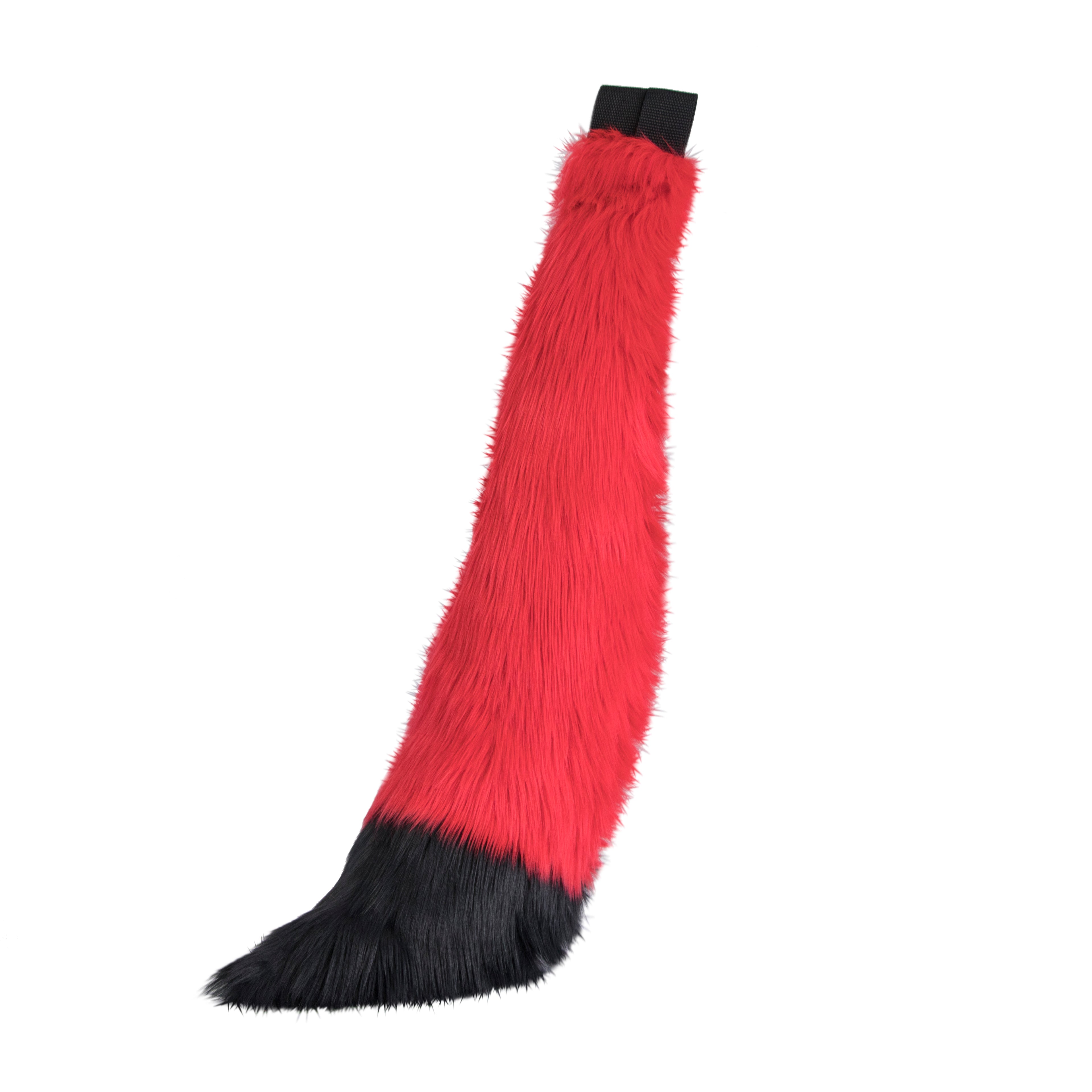 red and black Full size fox tail by pawstar. These faux fur tails are perfect for cosplay, halloween costumes, partial fursuit and more. Made in the USA since 2003.
