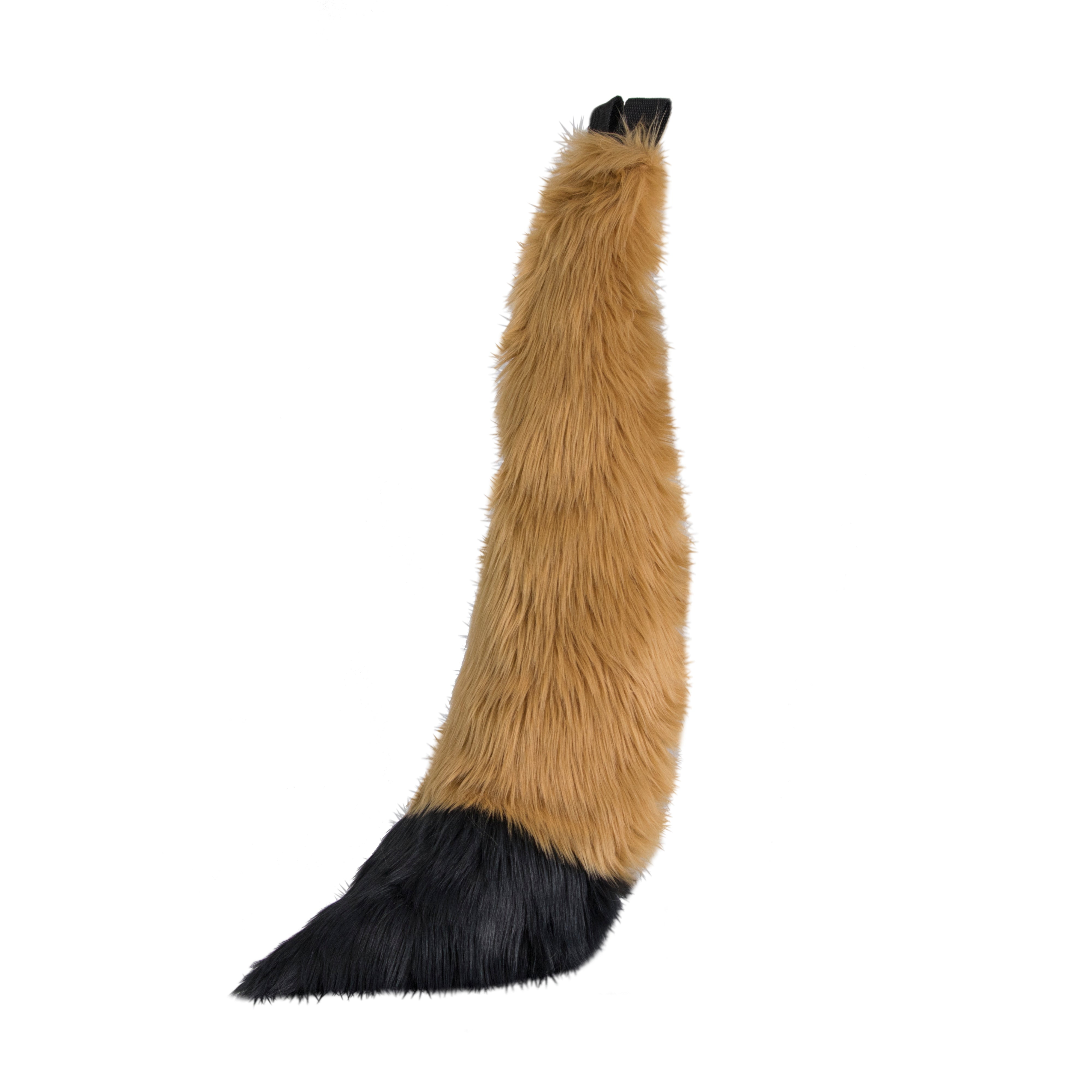 butterscotch brown and black Pawstar furry fox tail made from vegan friendly faux fur. Great for halloween, cosplay and partial fursuits.