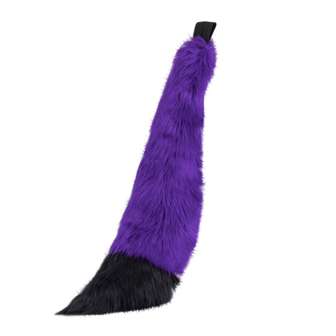purple and black Pawstar furry fox tail made from vegan friendly faux fur. Great for halloween, cosplay and partial fursuits.