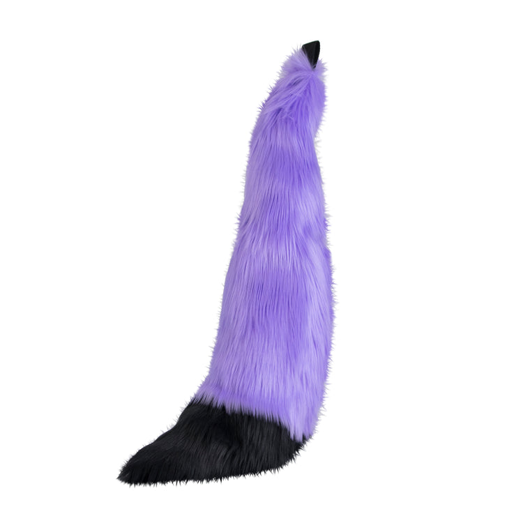 lavender and black Pawstar furry fox tail made from vegan friendly faux fur. Great for halloween, cosplay and partial fursuits.