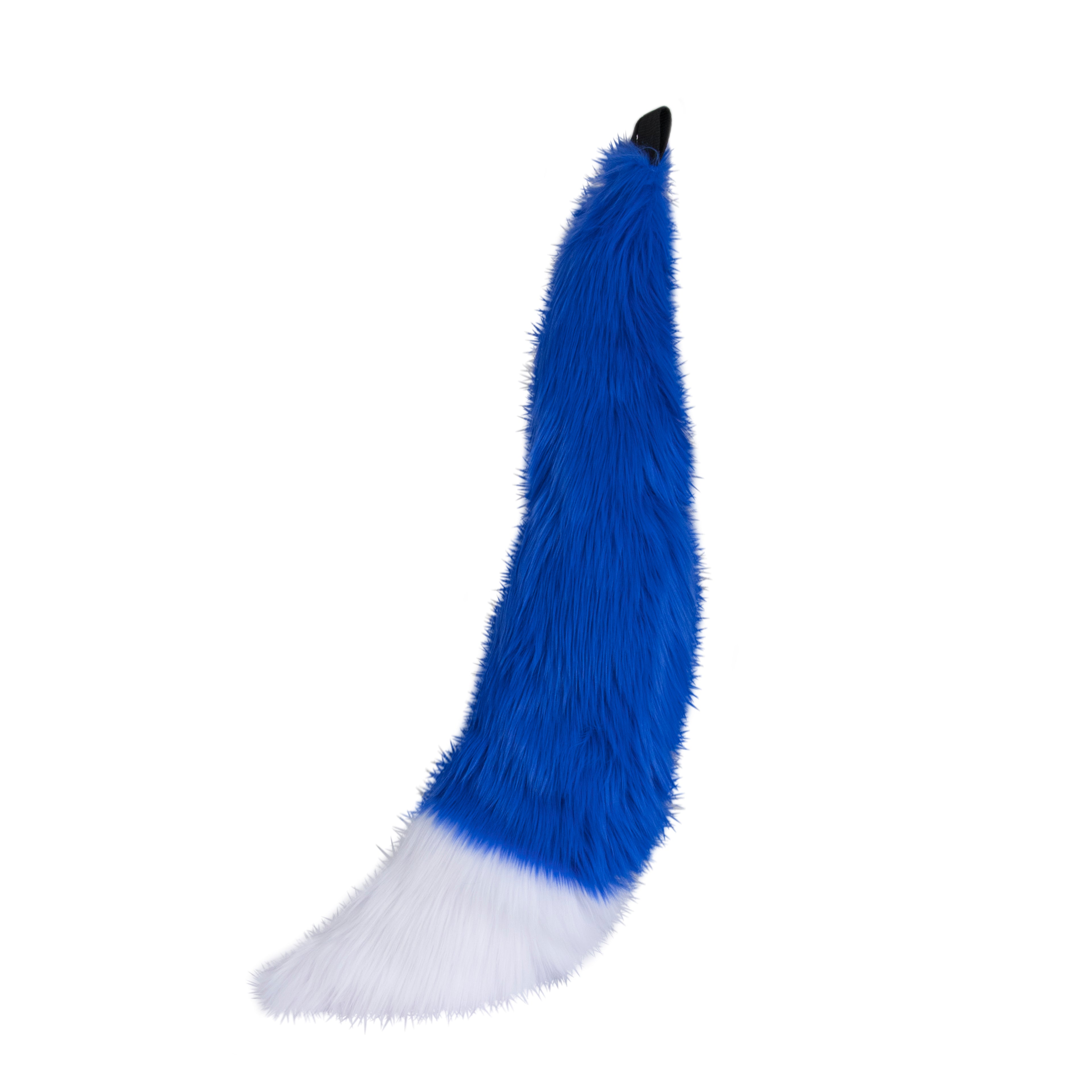 blue and white Full size fox tail by pawstar. These faux fur tails are perfect for cosplay, halloween costumes, partial fursuit and more. Made in the USA since 2003.