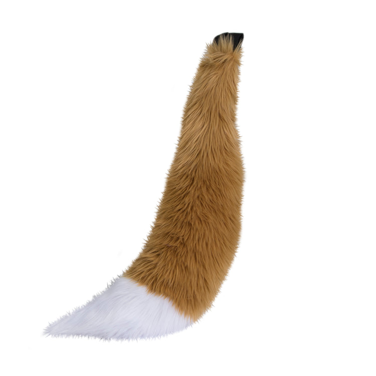 butterecotch brown and white Pawstar furry fox tail made from vegan friendly faux fur. Great for halloween, cosplay and partial fursuits.