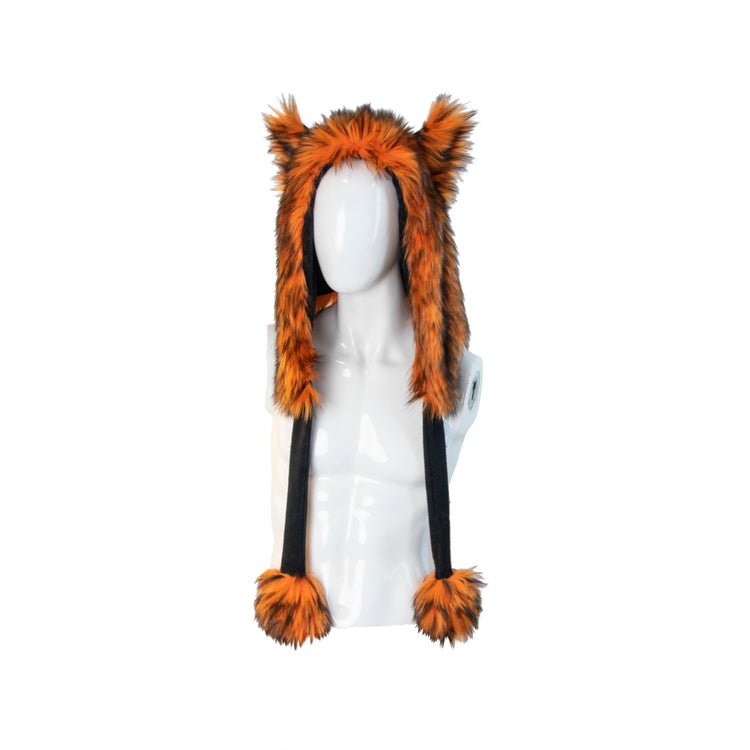 orange Wild Wolf Fur Puffet Hood. Furry cosplay festival hat made from faux fur. Made in the usa