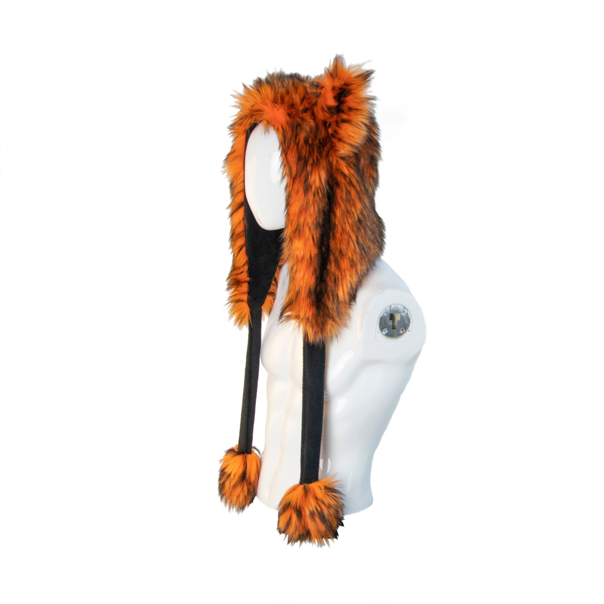 orange Wild Wolf Fur Puffet Hood. Furry cosplay festival hat made from faux fur. Made in the usa