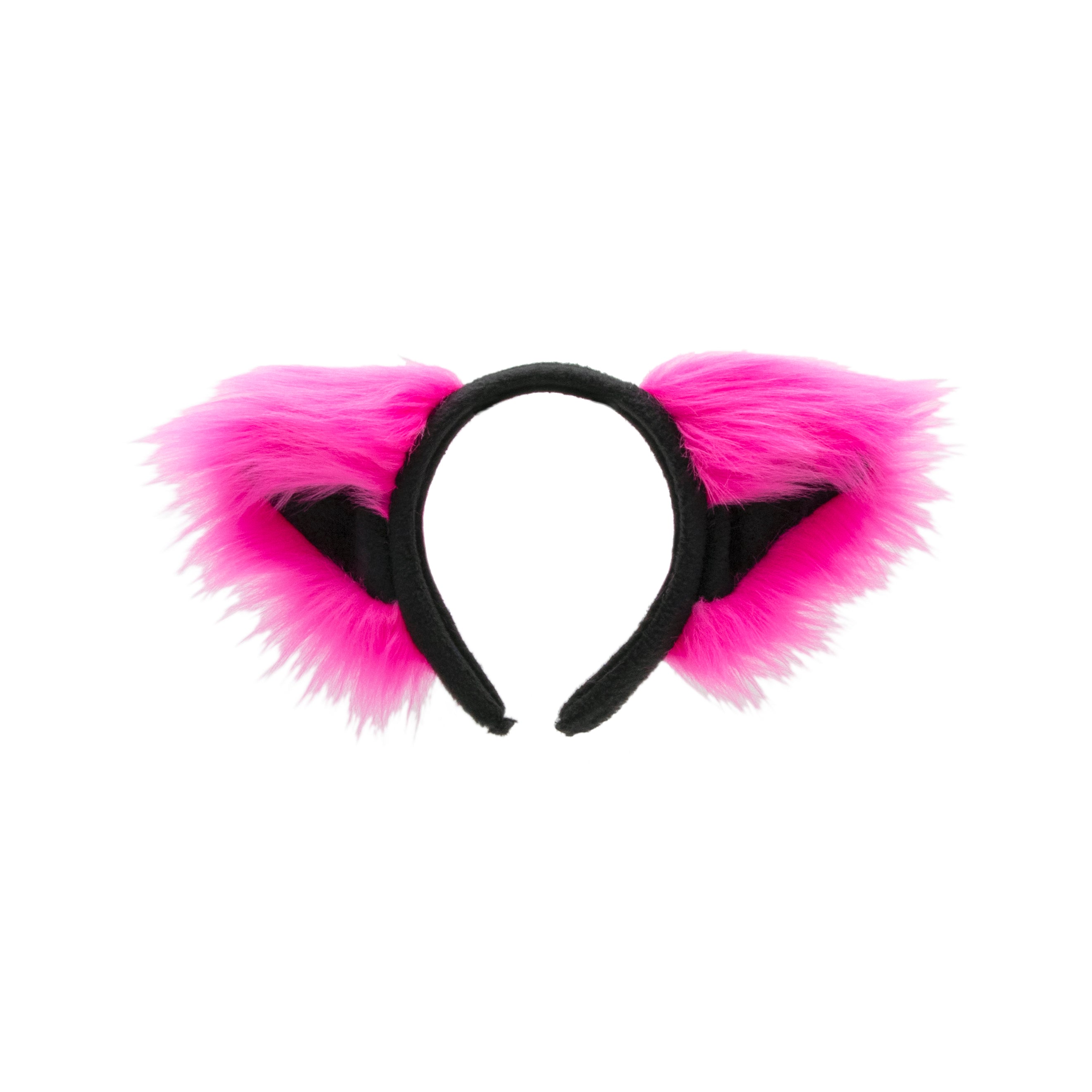 Hot Pink/Black Cat Ears, Fluffy Mew Ear Headband - Pawstar cat ear headband for costumes, cosplay, fursuit, fashion, therian