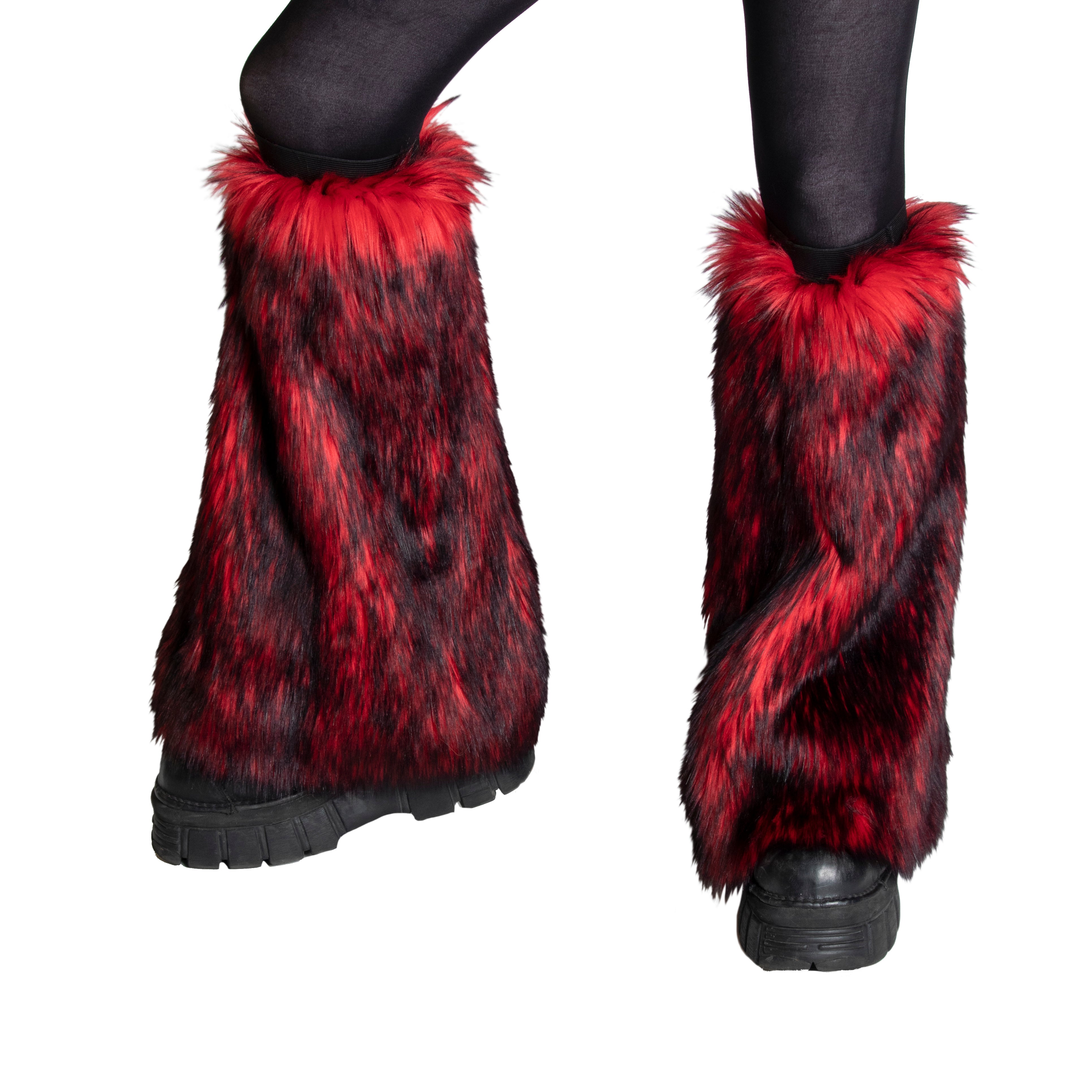 red Pawstar fluffy leg warmers for danceers, ravers, furries and music festival goers. 