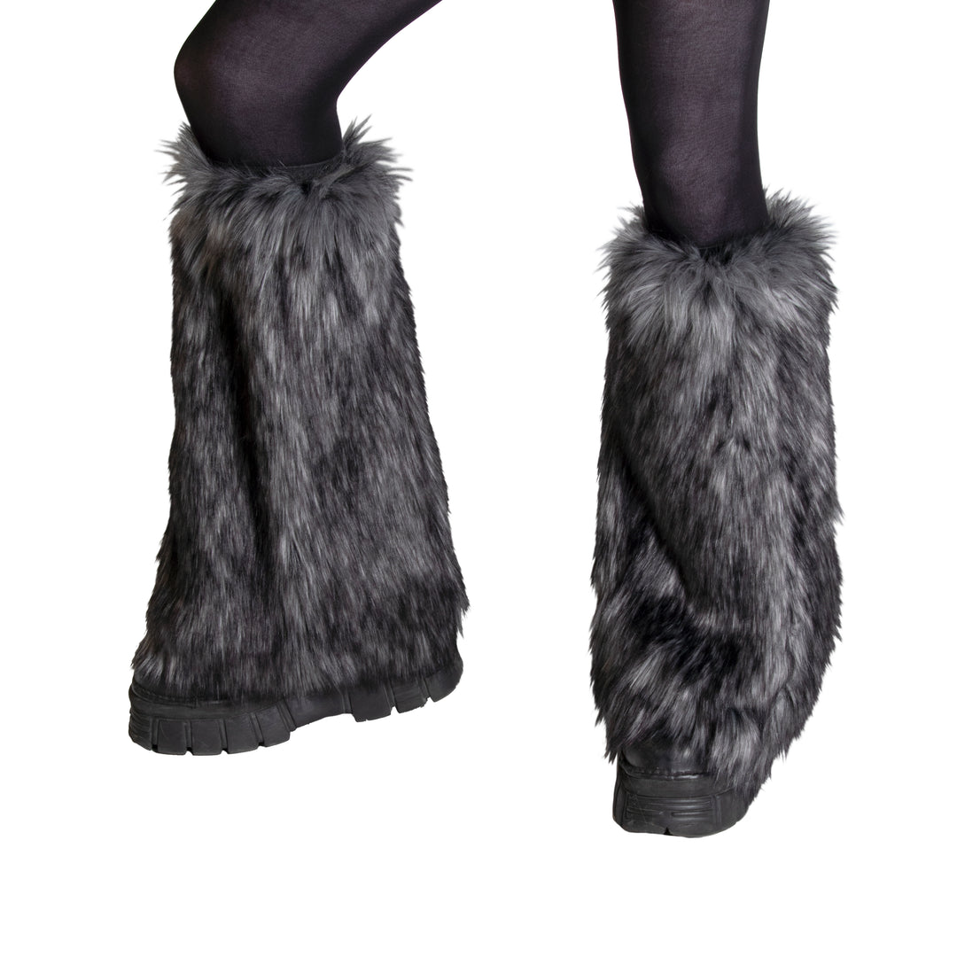 gray Pawstar fluffy leg warmers for danceers, ravers, furries and music festival goers. 