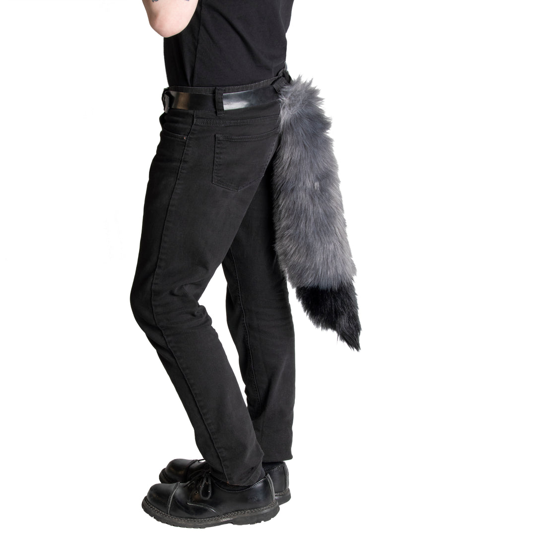 gray Pawstar fluffy furry costume mini fox tail. Great for Halloween, Parties, and more.