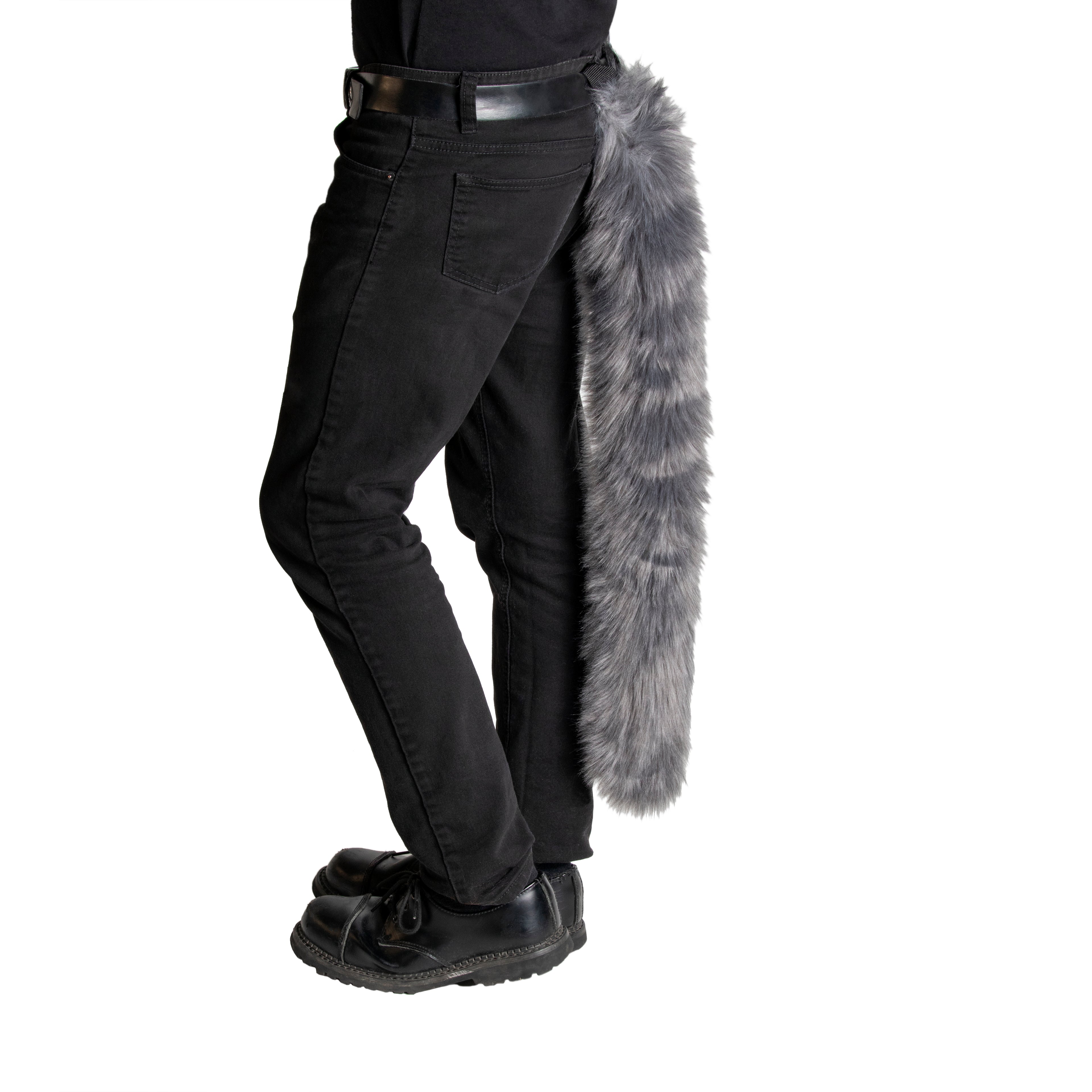 grey gray Pawstar classic original faux fur kitty cat costume tail for cosplay and partial furry fursuits. Unisex adult halloween costume.