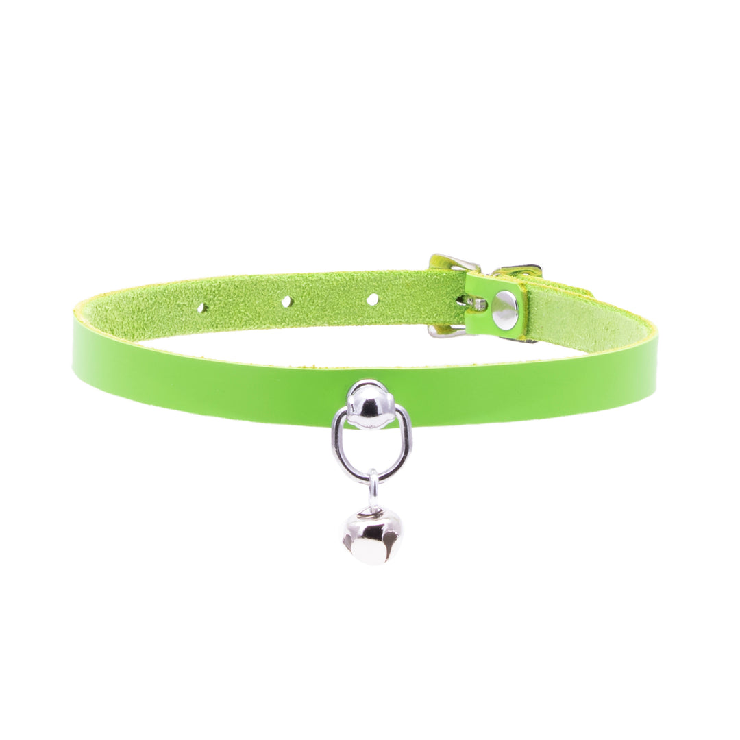 lime green Pawstar leather Mini Kitty Bell collar for costume cosplay and cat girls.
