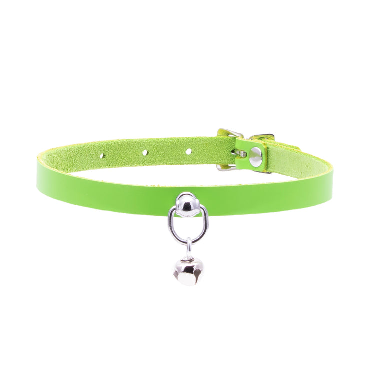 lime green Pawstar leather Mini Kitty Bell collar for costume cosplay and cat girls.