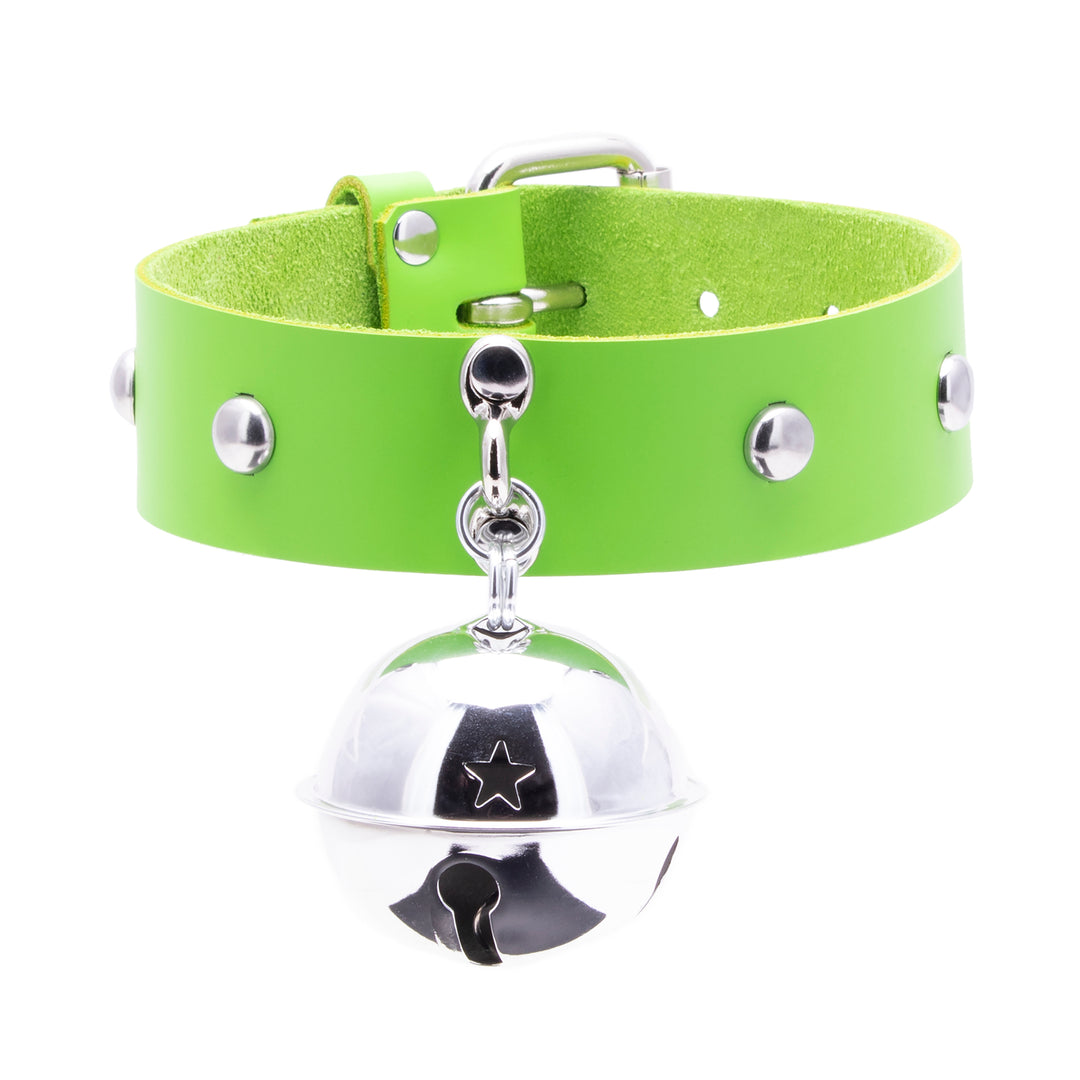 lime green Pawstar BIG Kitty Bell Collar. Made from real leather in the usa. Great for fursuits, cosplay, fashion and more.