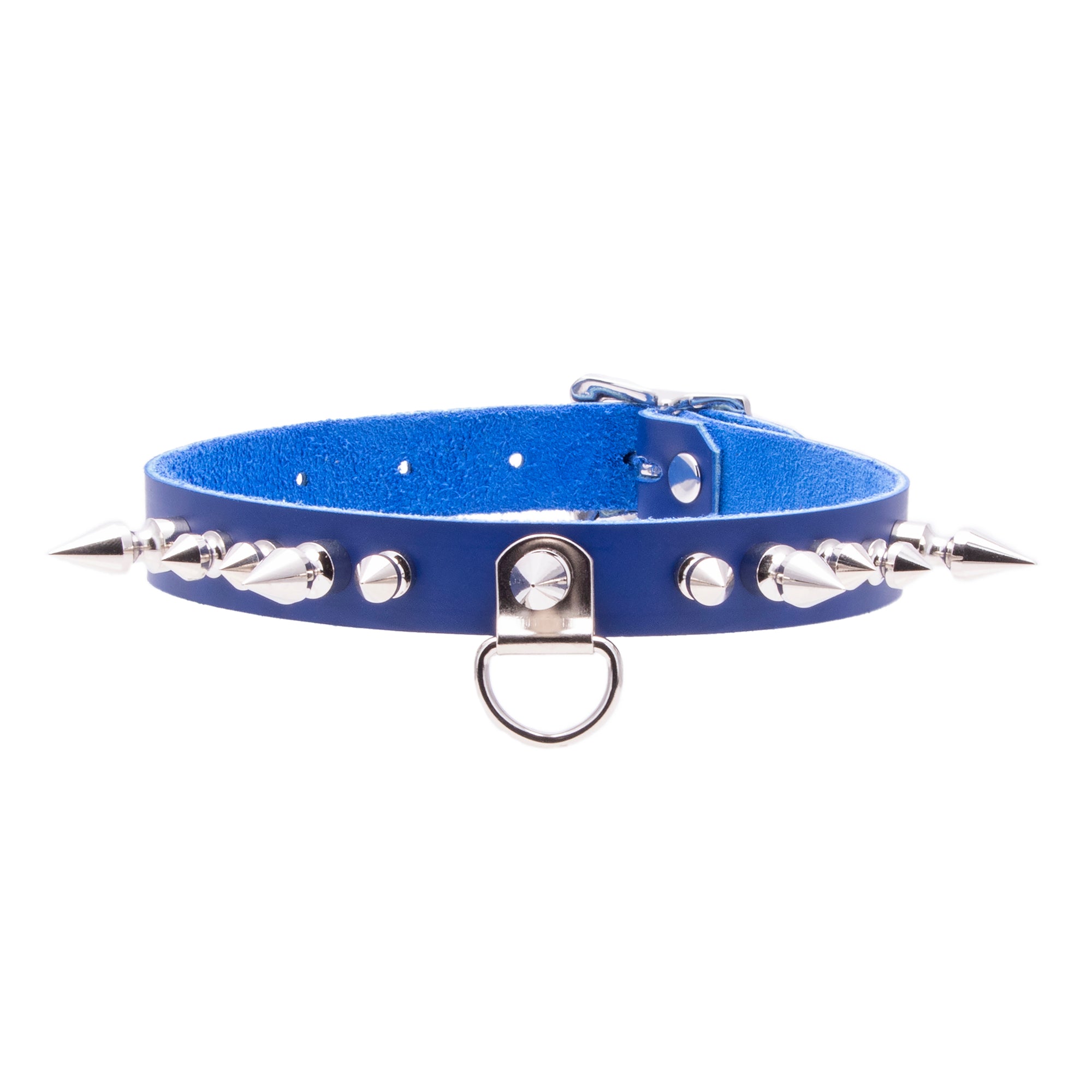 blue  Pawstar fierce Minx Collar with blakc or chrome spikes for goth fashion cosplay and costume.