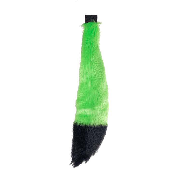 lime green and black Pawstar furry fox tail made from vegan friendly faux fur. Great for halloween, cosplay and partial fursuits.