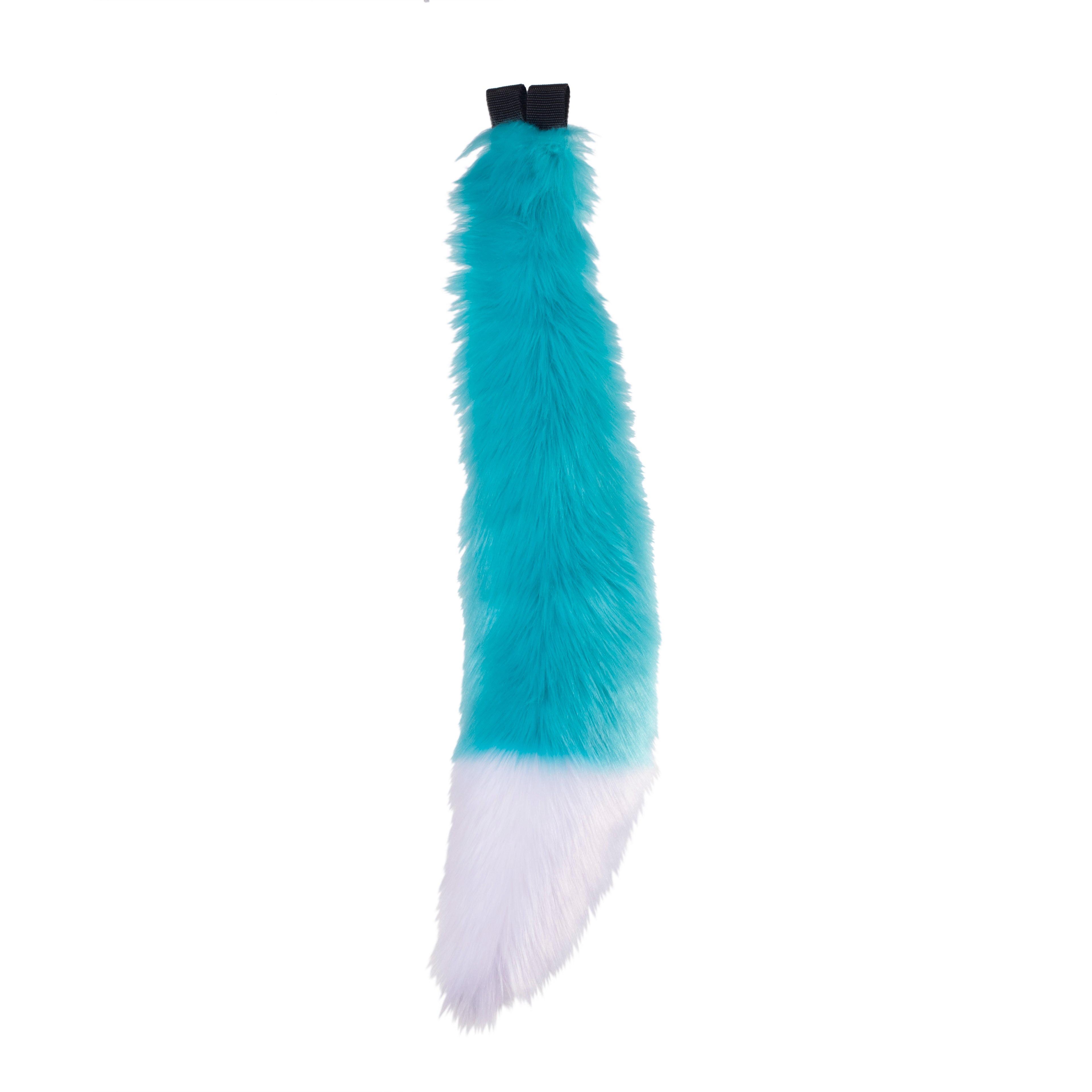turquoise teal and white Full size fox tail by pawstar. These faux fur tails are perfect for cosplay, halloween costumes, partial fursuit and more. Made in the USA since 2003.
